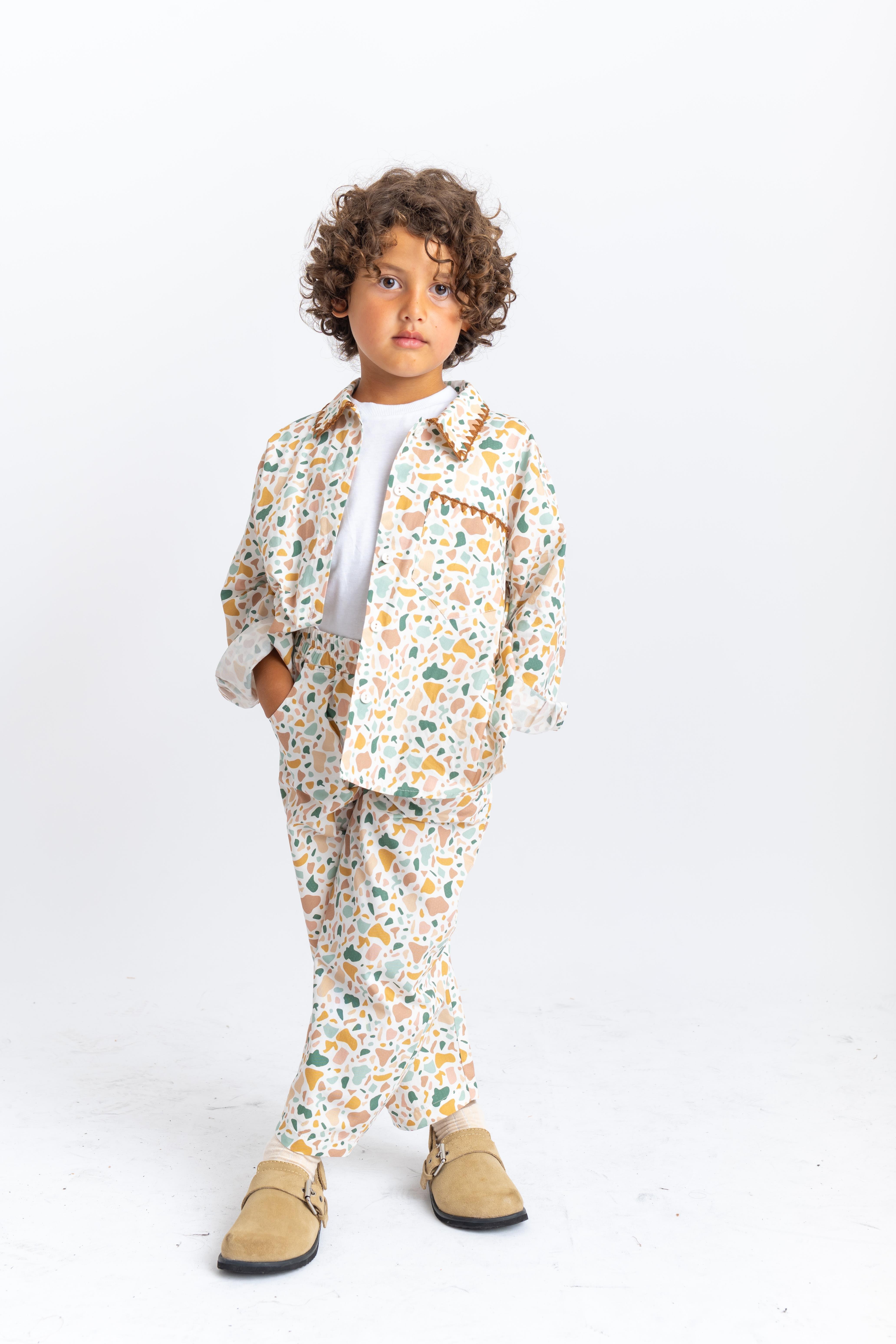 CigitYaka Ve Cep Nakışlı Poplin Takım 2-7 Yaş EKRU DESENLİ