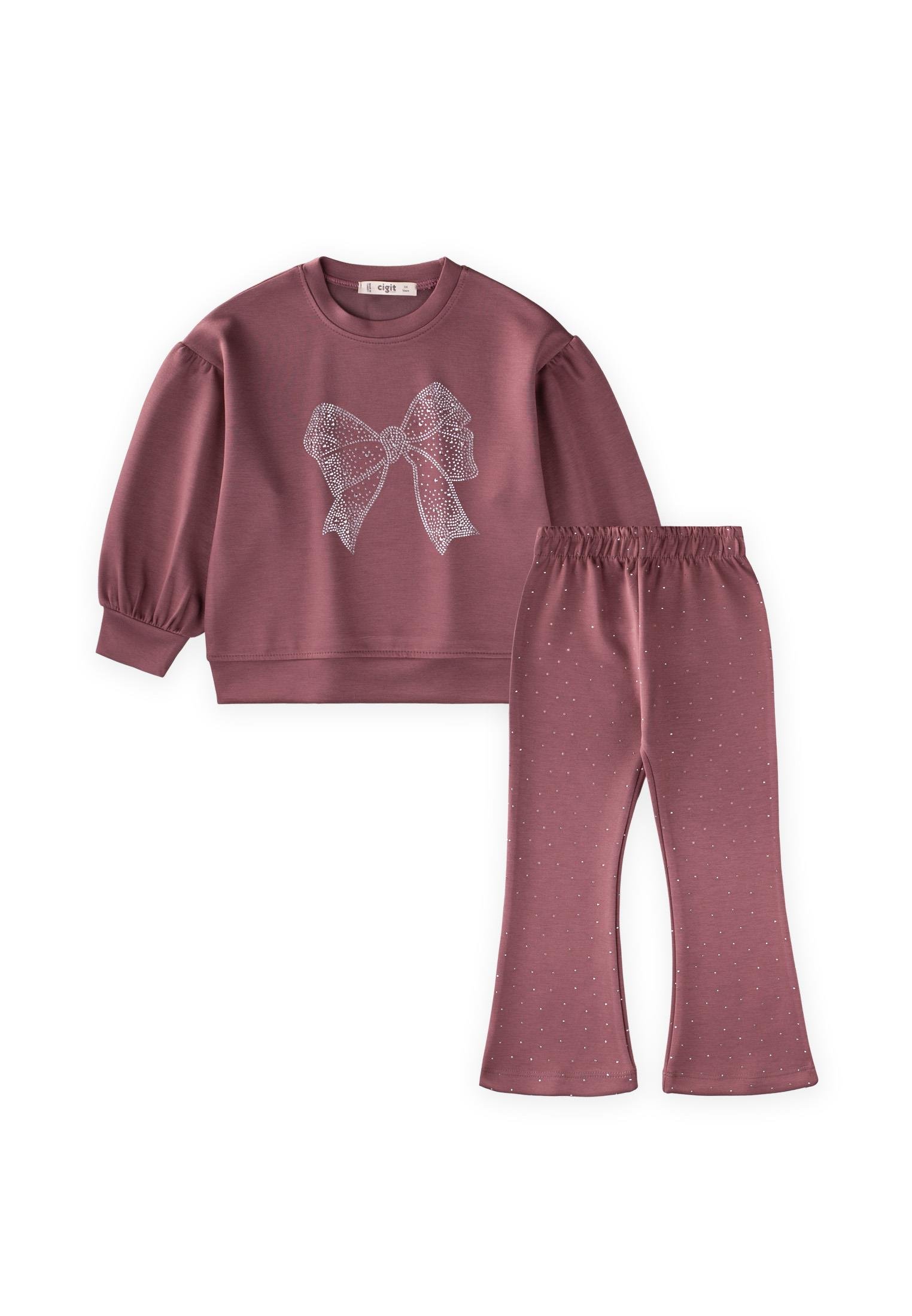 CigitFiyonk Taşlı İspanyol Paça Modal Takım 3-8 Yaş GÜL KURUSU