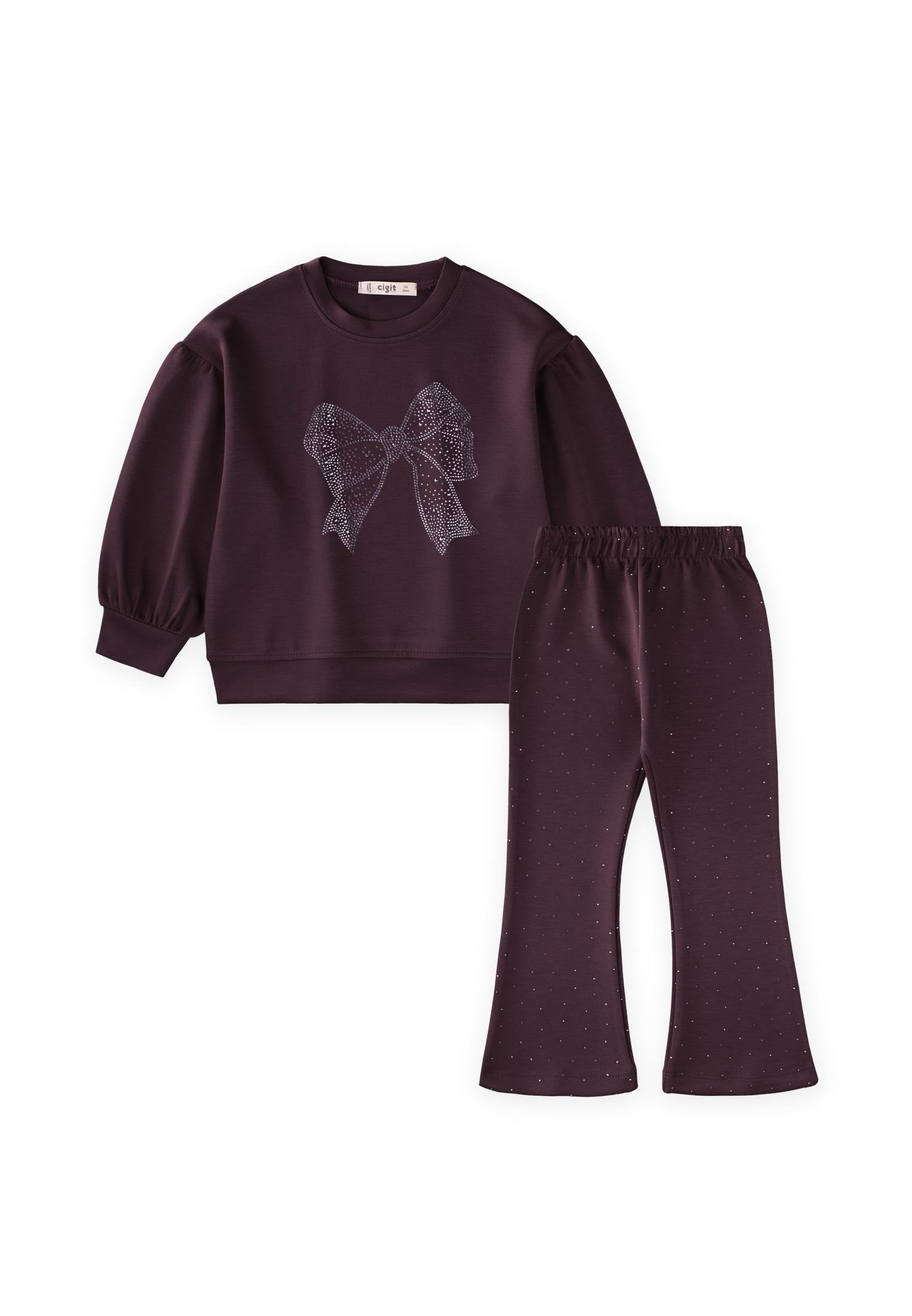 CigitFiyonk Taşlı İspanyol Paça Modal Takım 3-8 Yaş BORDO