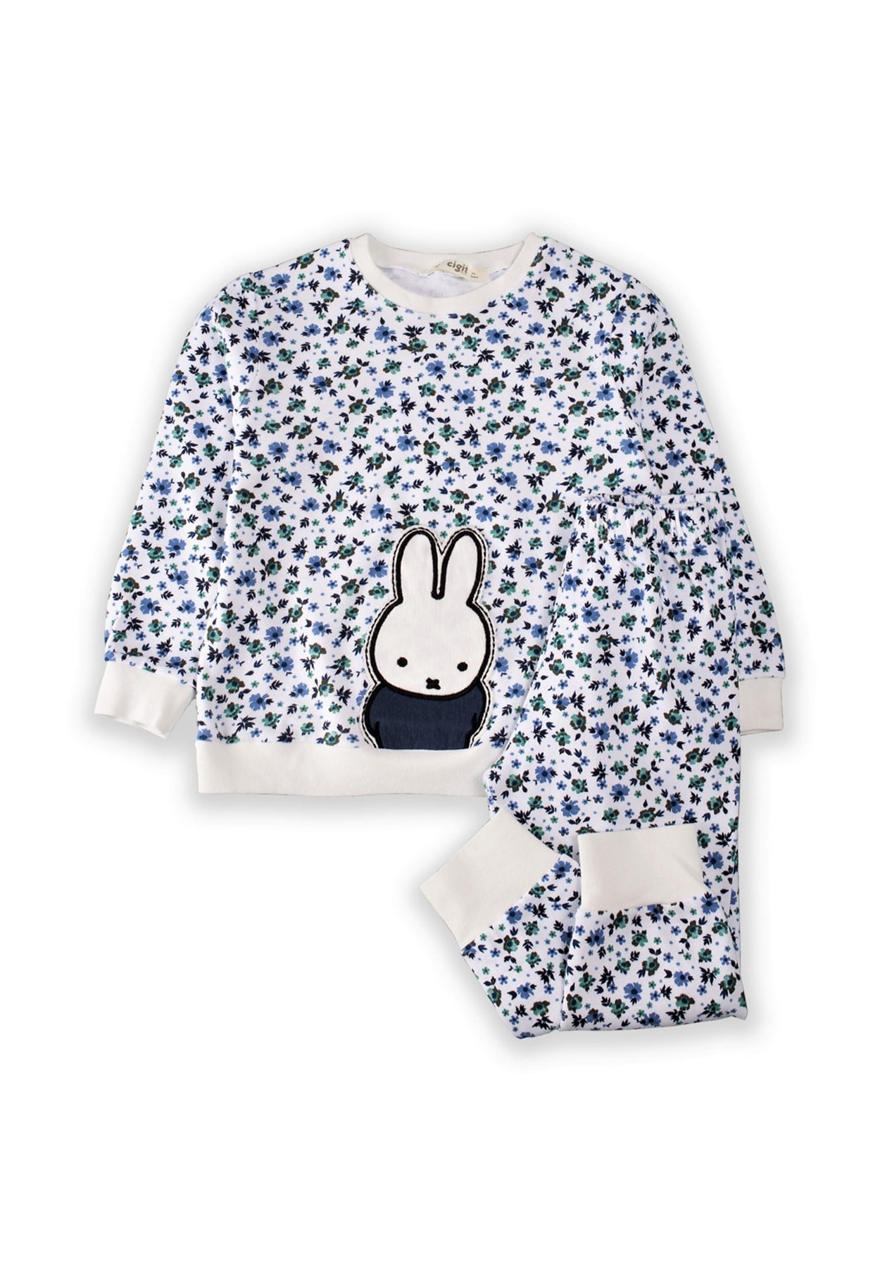 50197-928CigitTavşan Aplikeli Çıtır Desenli Pijama Takıımı 3-8 Yaş Ekru Çiçekli