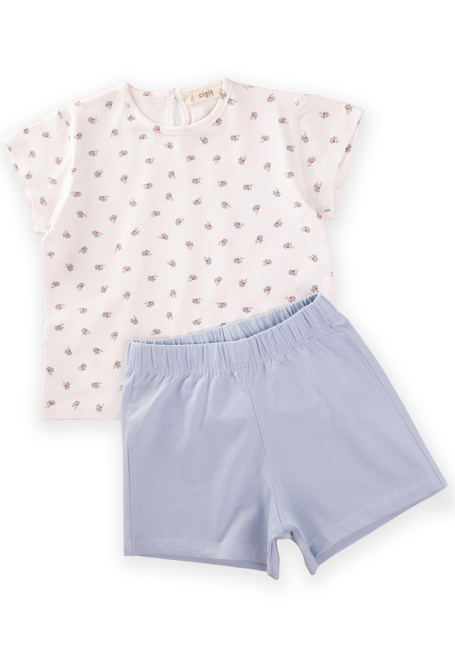 CigitDesenli Kısa Kol Kız Pijama Takım 2-8 Yaş EKRU