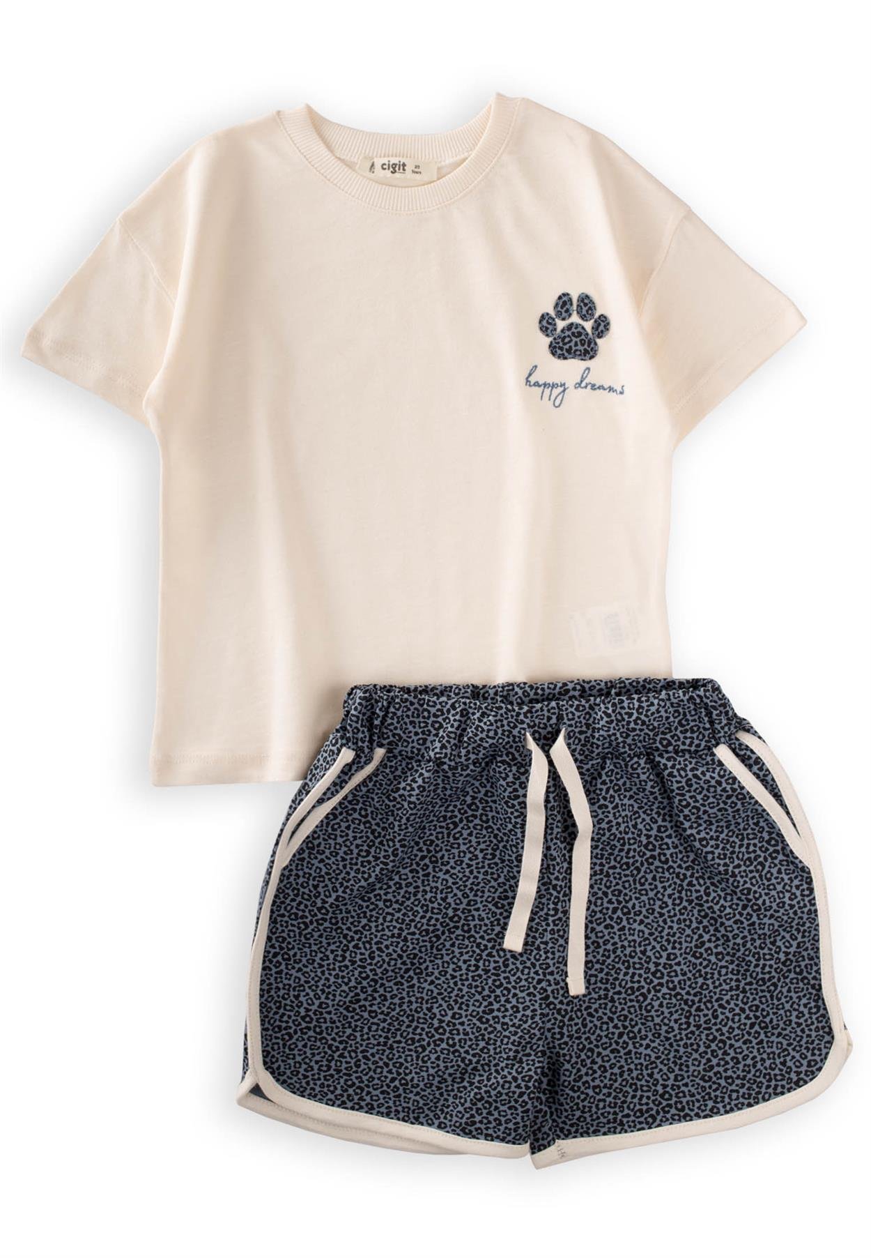 CigitPati Aplikeli Şortlu Pijama Takım 2-7 Yaş KUM