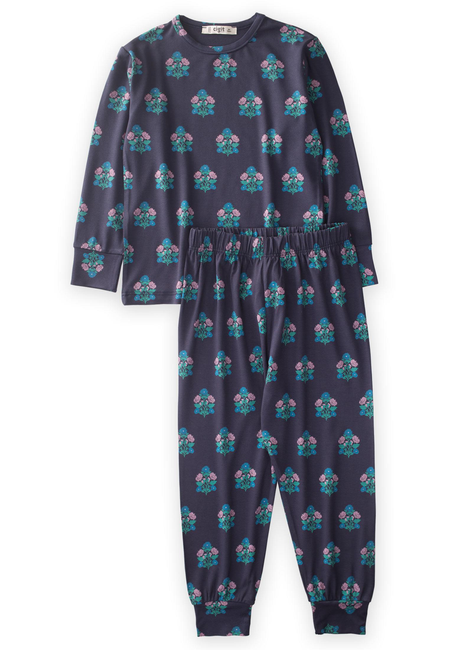 CigitDesenli Pijama Takım 3-9 Yaş LACİVERT