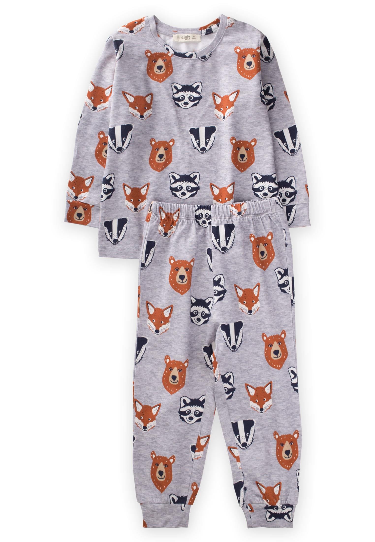 CigitBaskılı Desenli Pijama Takım 2-7 Yaş GRİ MELANJ