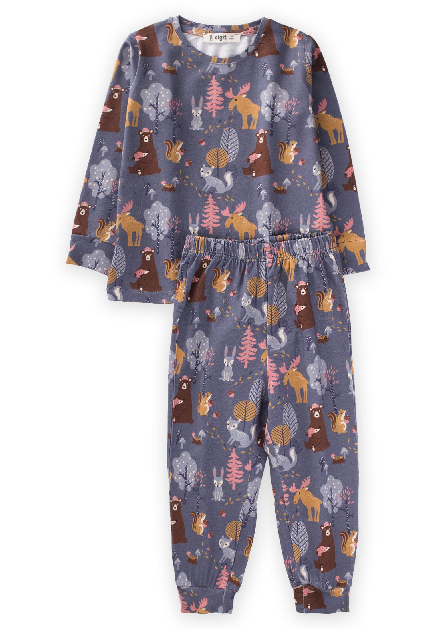 CigitBaskılı Desenli Pijama Takım 2-7 Yaş K. GRİ