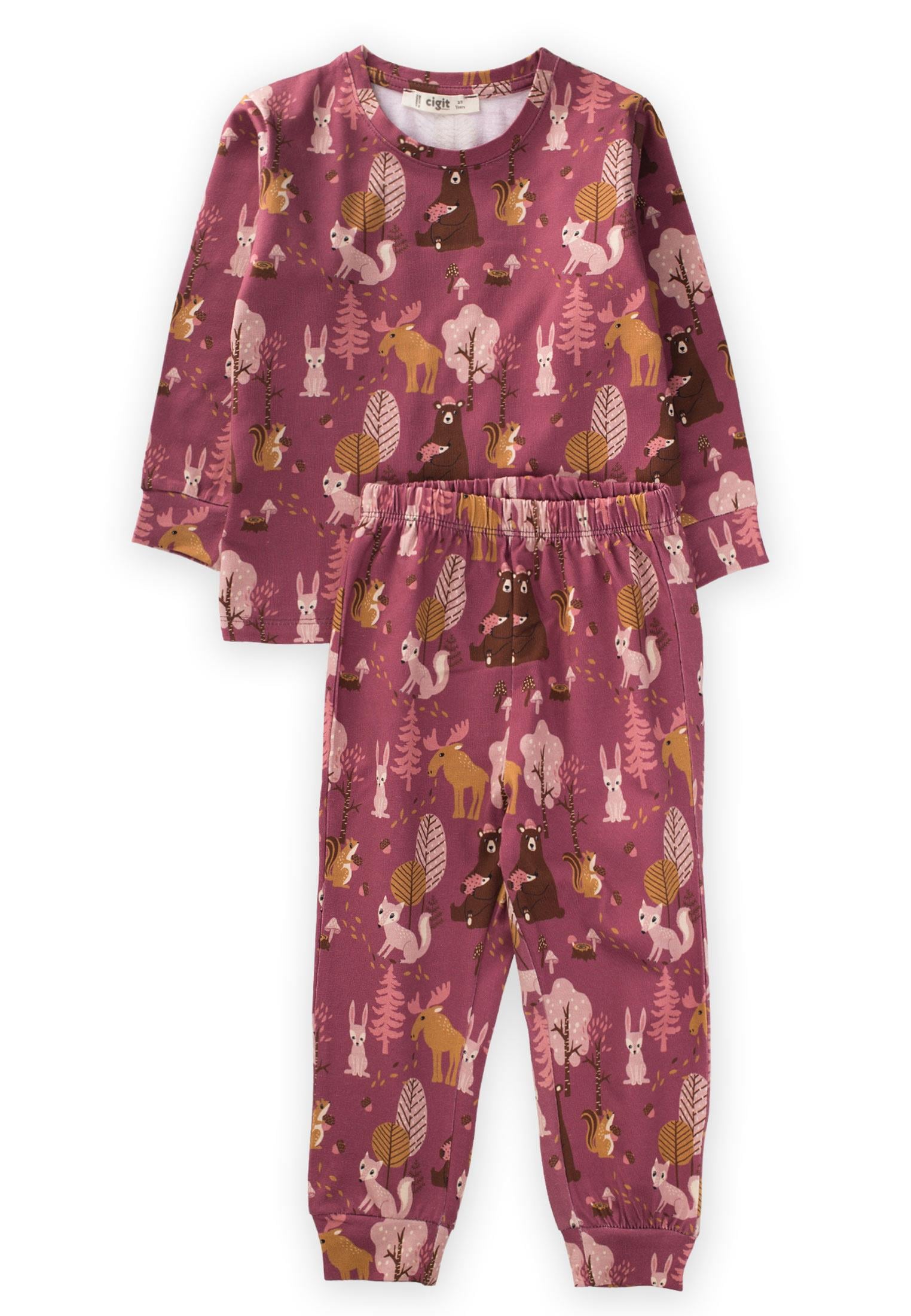 CigitBaskılı Desenli Pijama Takım 2-7 Yaş BORDO