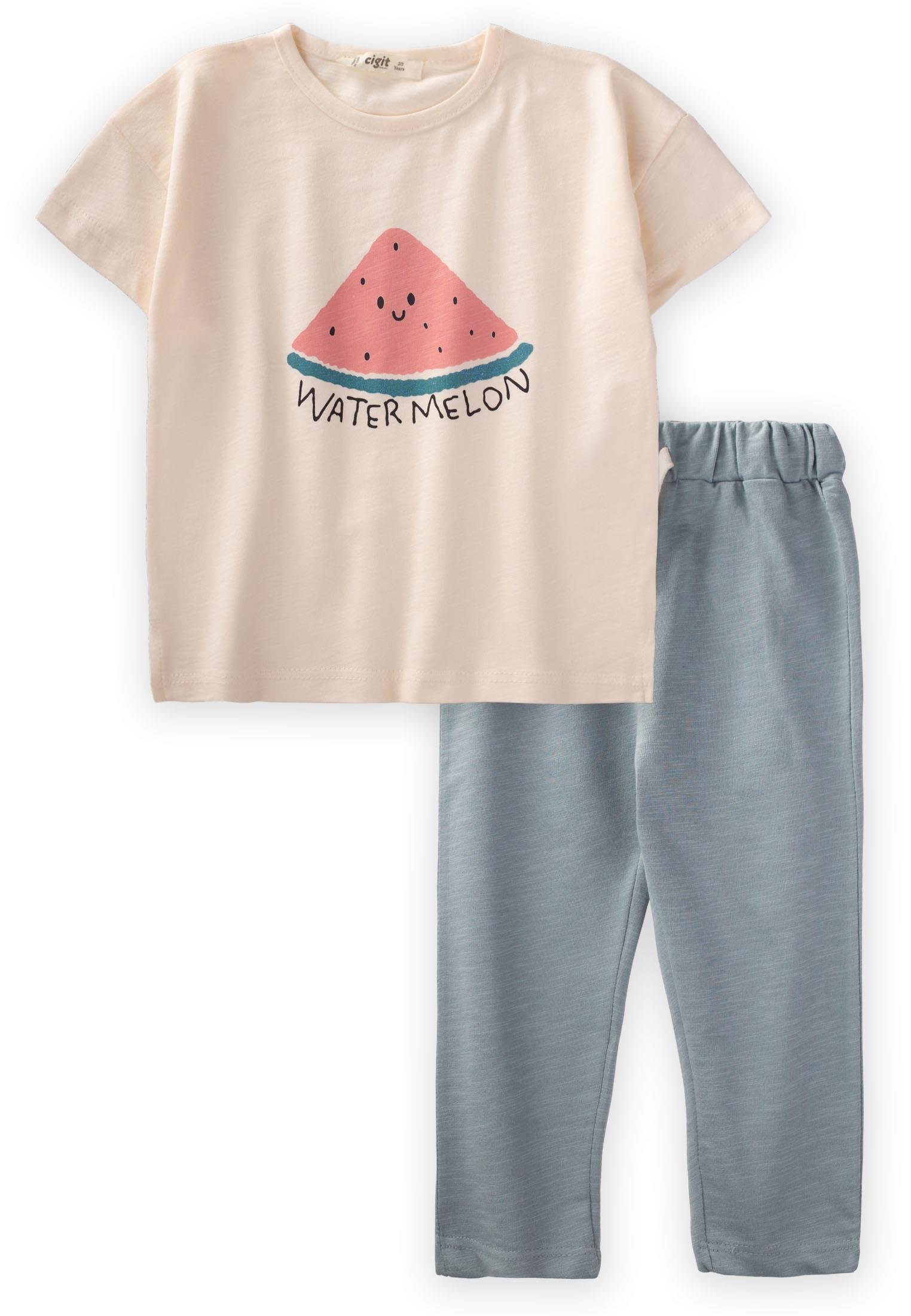 CigitWater Melon Baskılı Pijama Takım 2-8 Yaş EKRU/MİNT