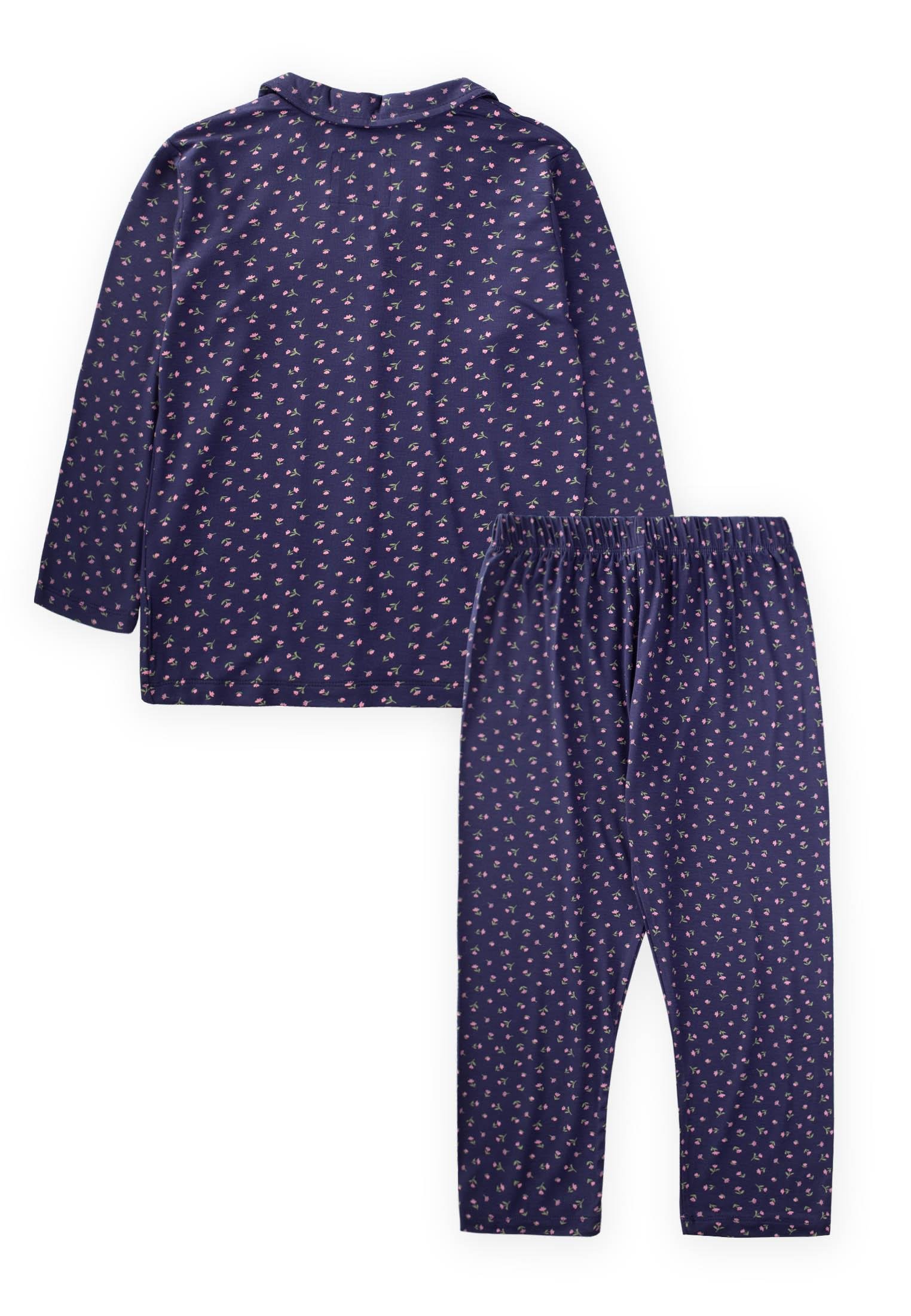 CigitDökümlü Gömlek Yaka Pijama Takım 3-9 Yaş LACİVERT