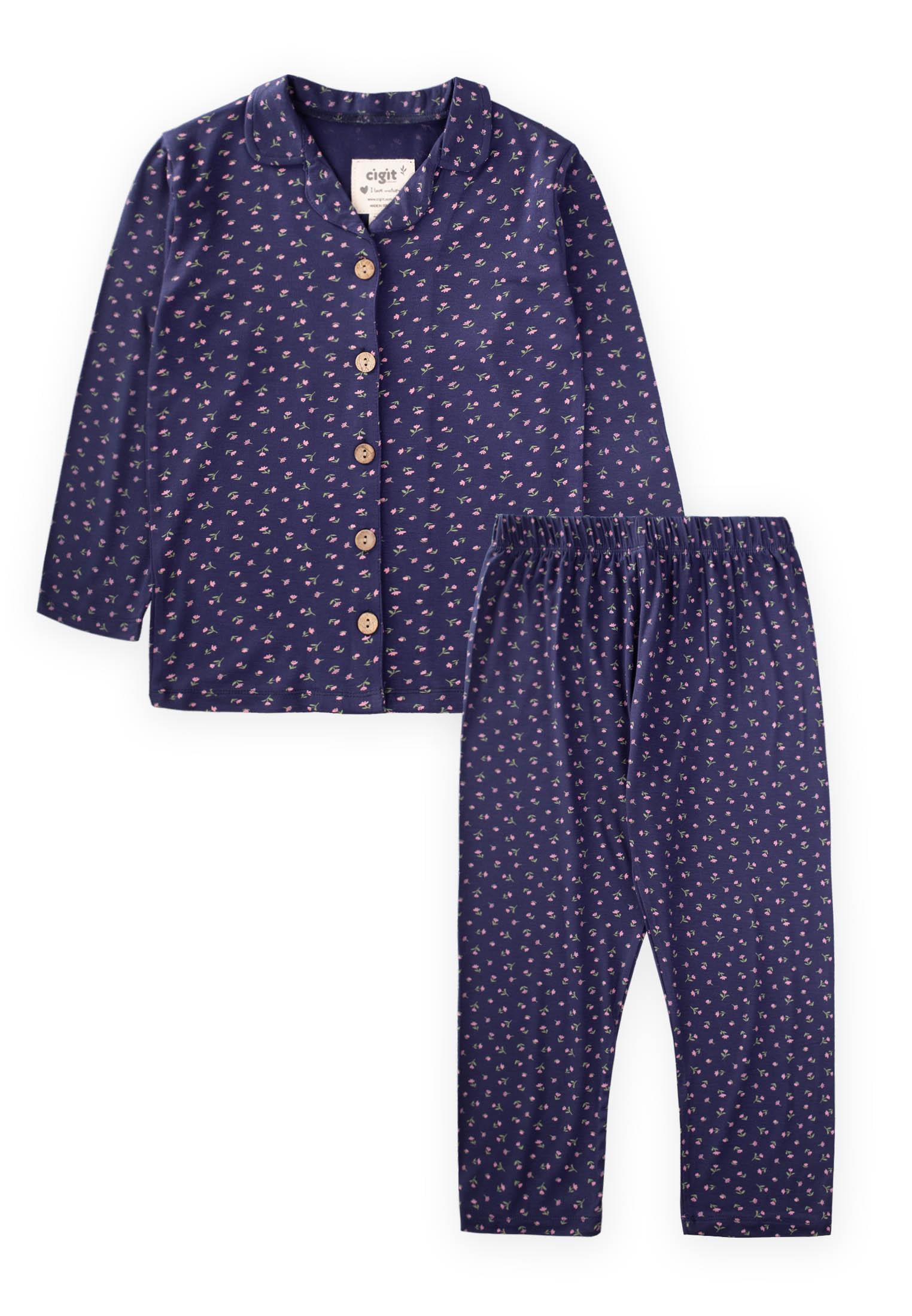 CigitDökümlü Gömlek Yaka Pijama Takım 3-9 Yaş LACİVERT