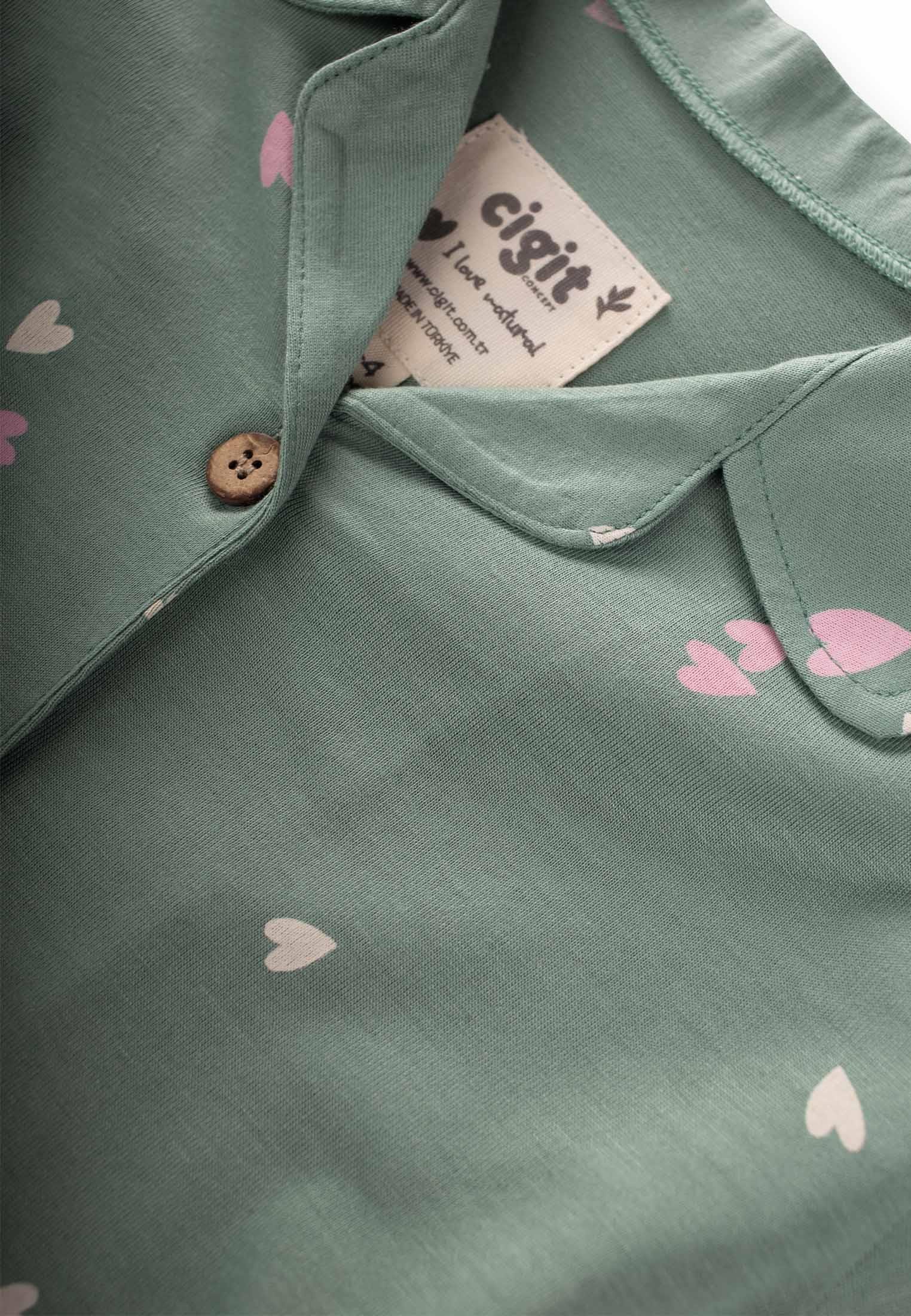 CigitDökümlü Gömlek Yaka Pijama Takım 3-9 Yaş YEŞİL
