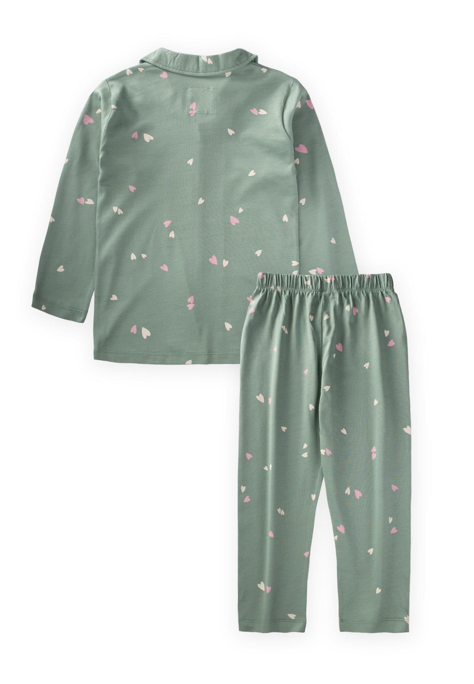CigitDökümlü Gömlek Yaka Pijama Takım 3-9 Yaş YEŞİL