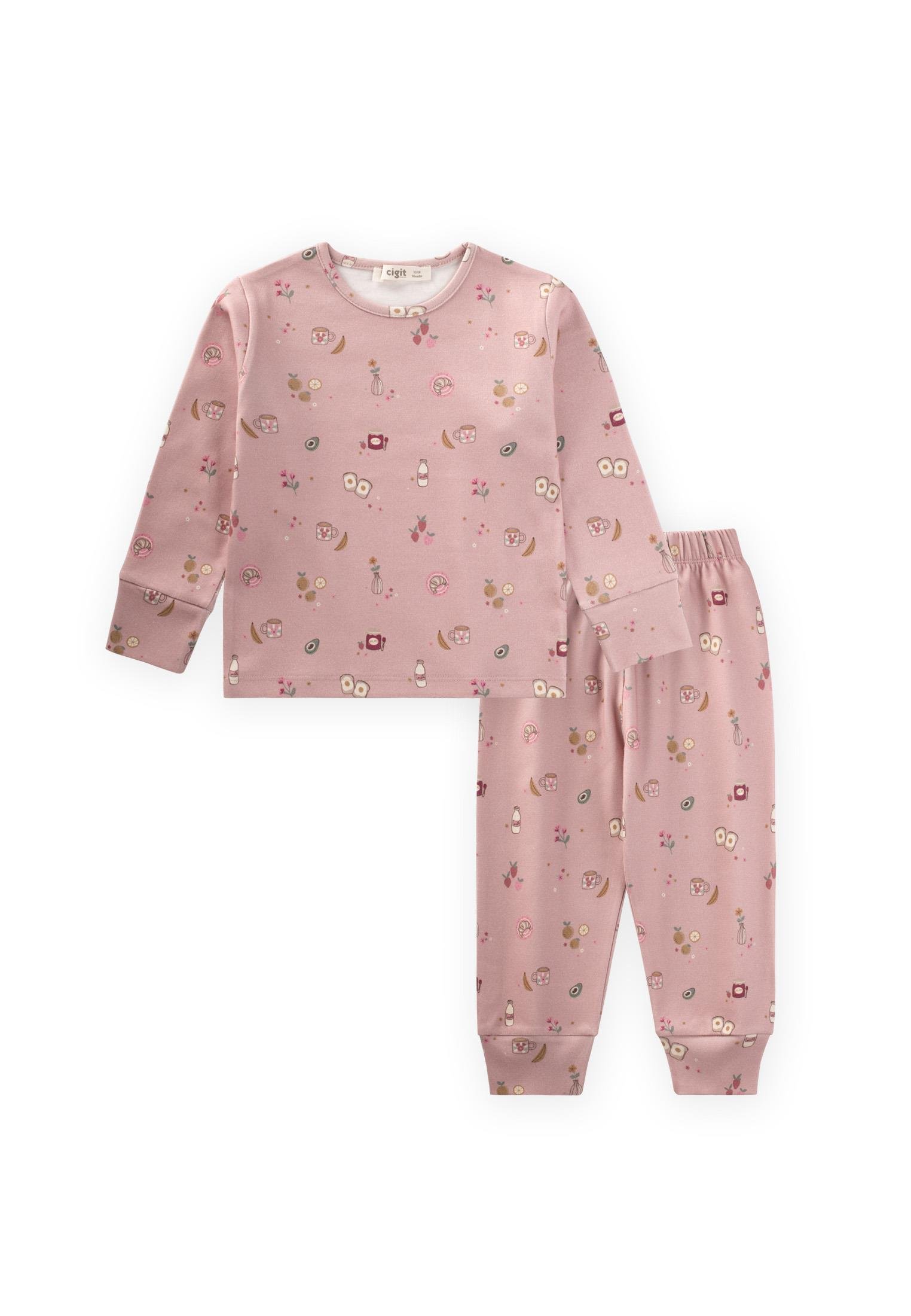 CigitDesenli Mevsimlik Pijama Takım 1-7 Yaş PUDRA PEMBE