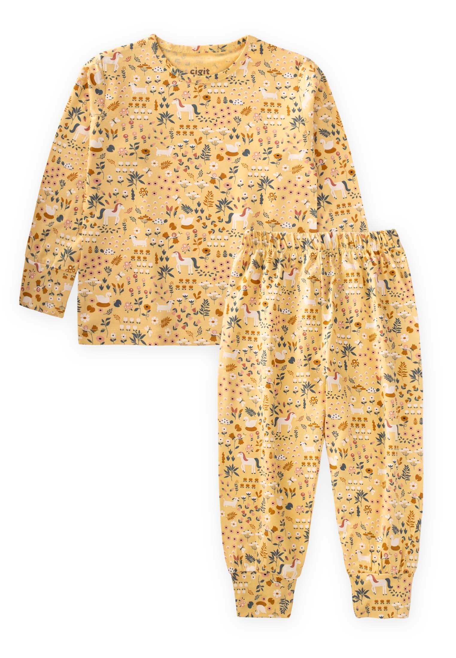 CigitDesenli Mevsimlik Pijama Takım 1-7 Yaş SARI