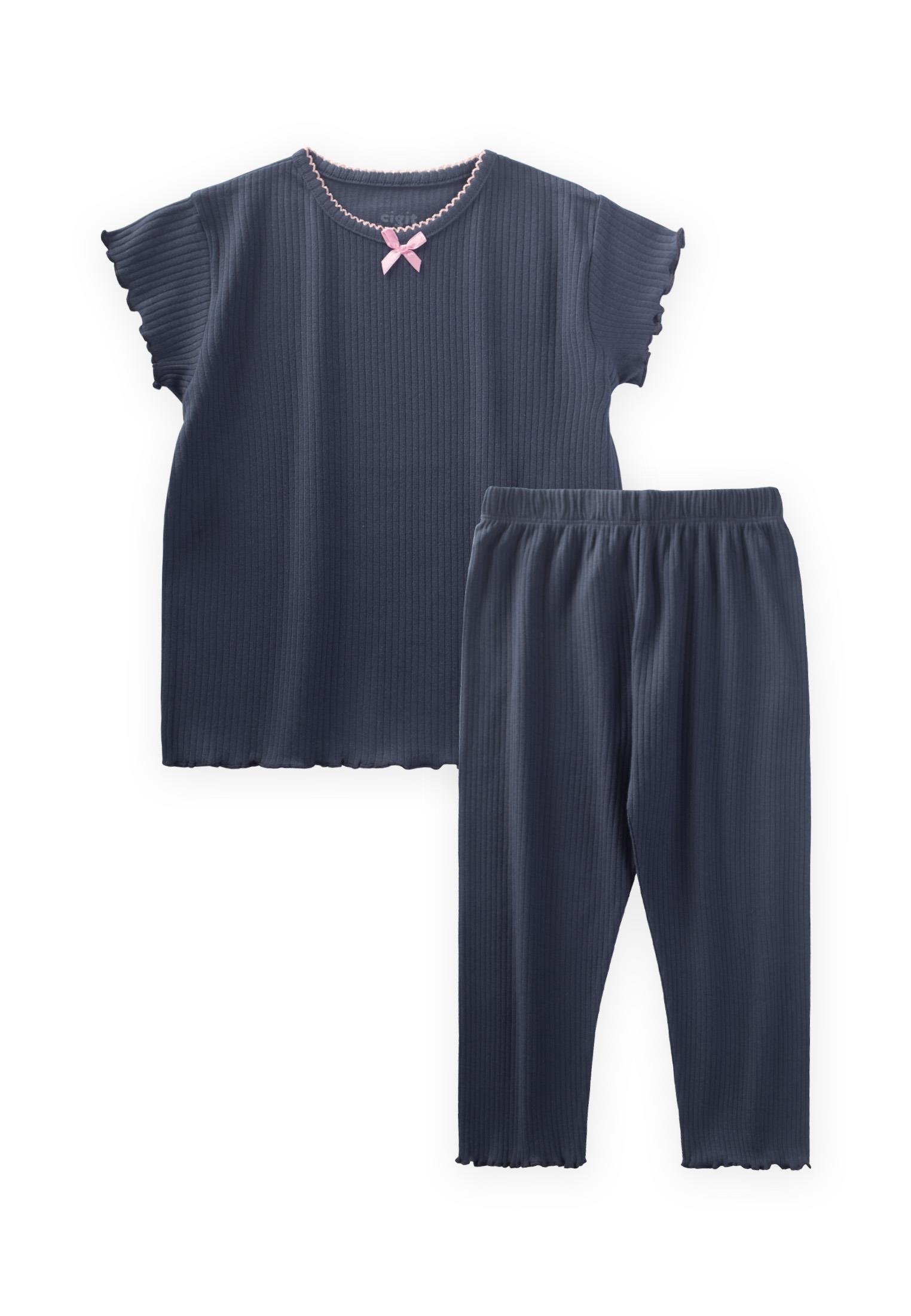 CigitFiyonklu Yakası İşlemeli Pijama Takım 2-10 Yaş LACİVERT