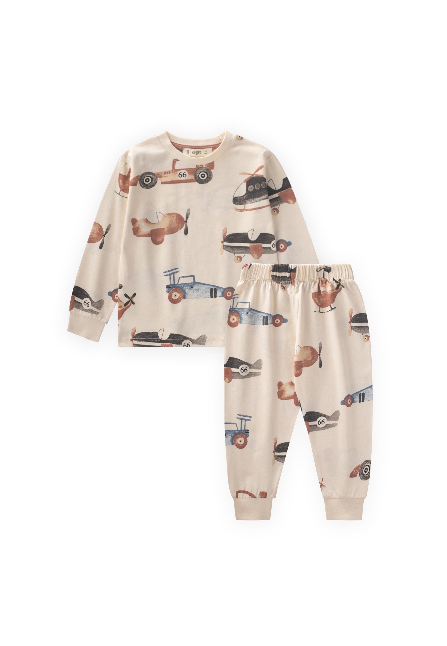 CigitDesenli Pijama Takımı 2-8 Yaş EKRU UÇAK DESEN
