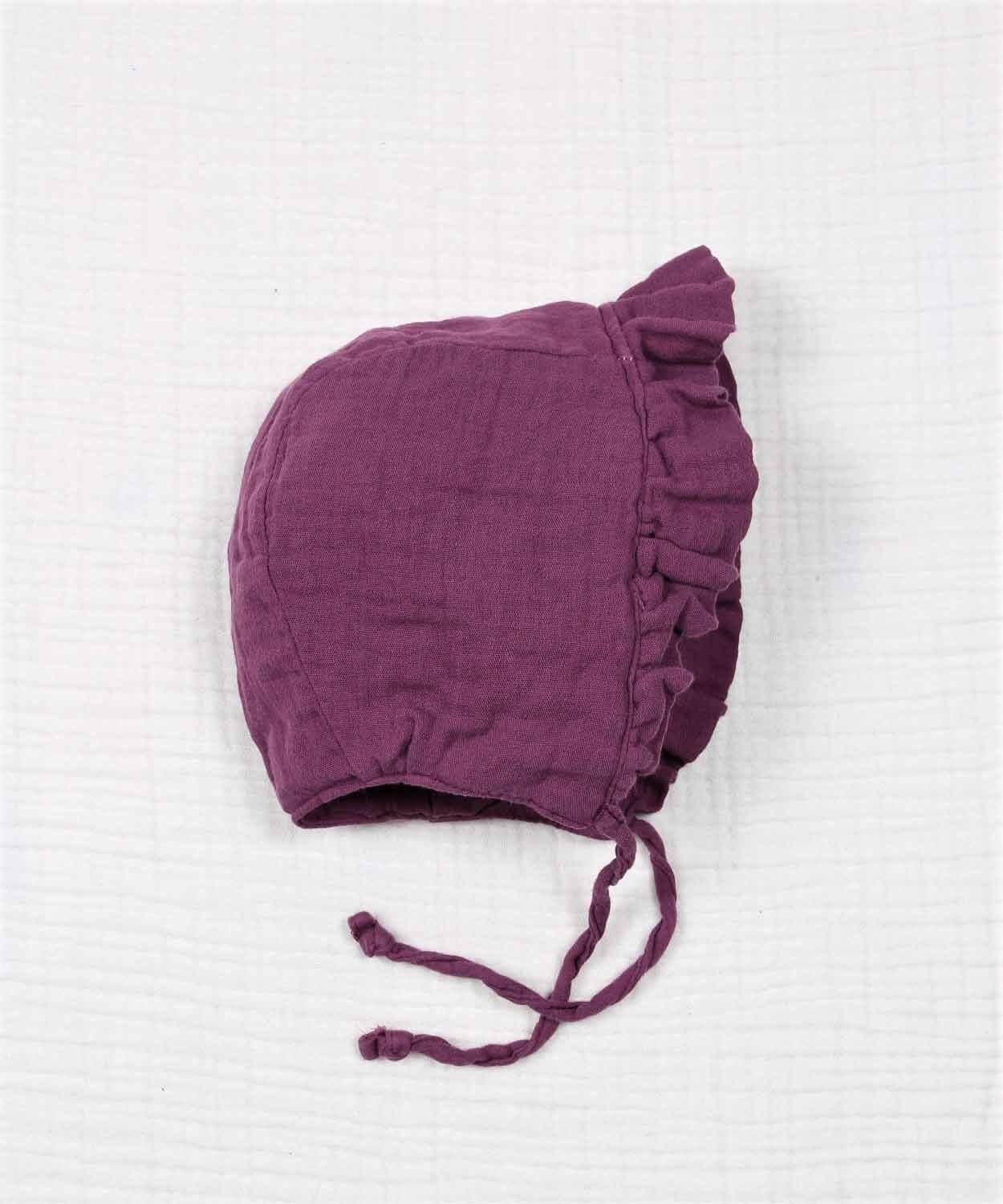 61557-10CigitBağlamalı Fırfırlı Müslim Bebek Şapka 0-2 yaş Mürdüm