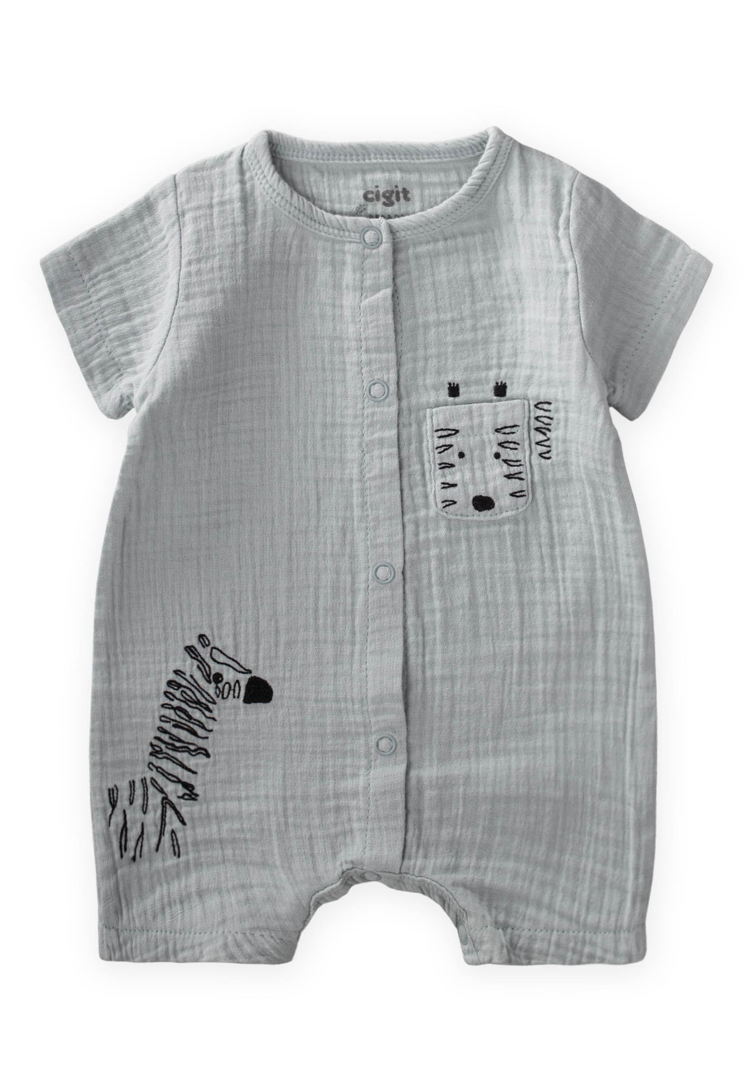 CigitZebra Nakışlı Müslin Şort Tulum 0-3 yaş SU YEŞİLİ