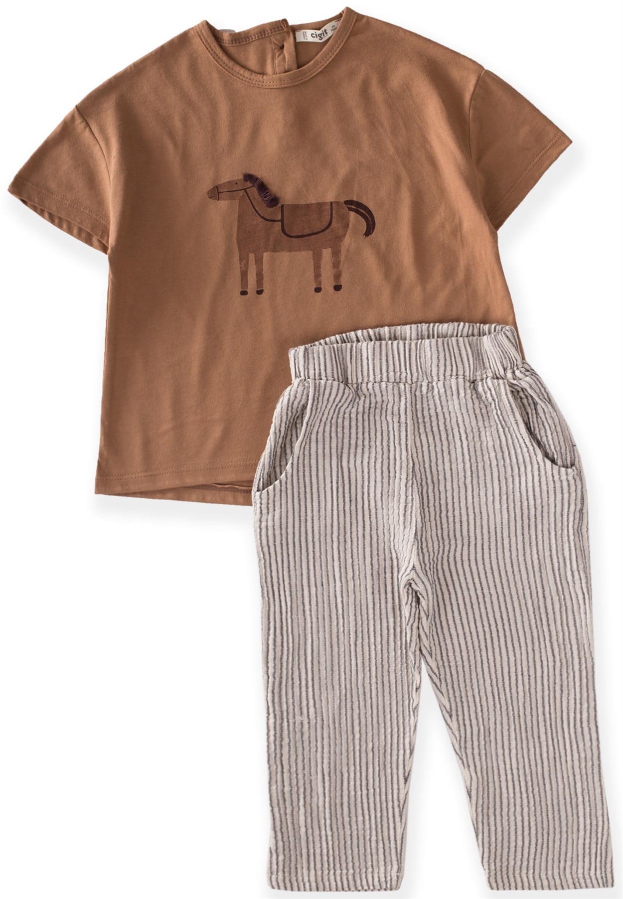 62617 - 5025CigitAt Baskılı Oversize Pantolonlu Takım 2-7 Yaş KAHVE 
