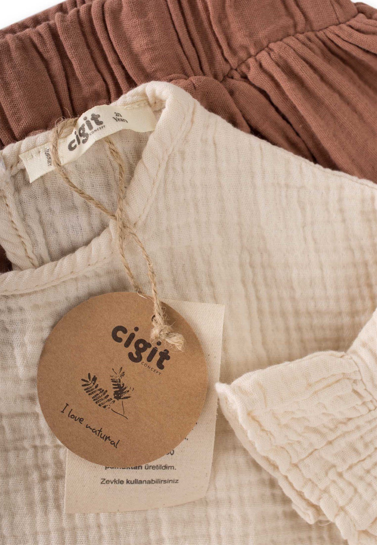 62621 - 5078CigitOversize Bohem Bluz Uzun Etekli Takım 2-8 Yaş KREM 