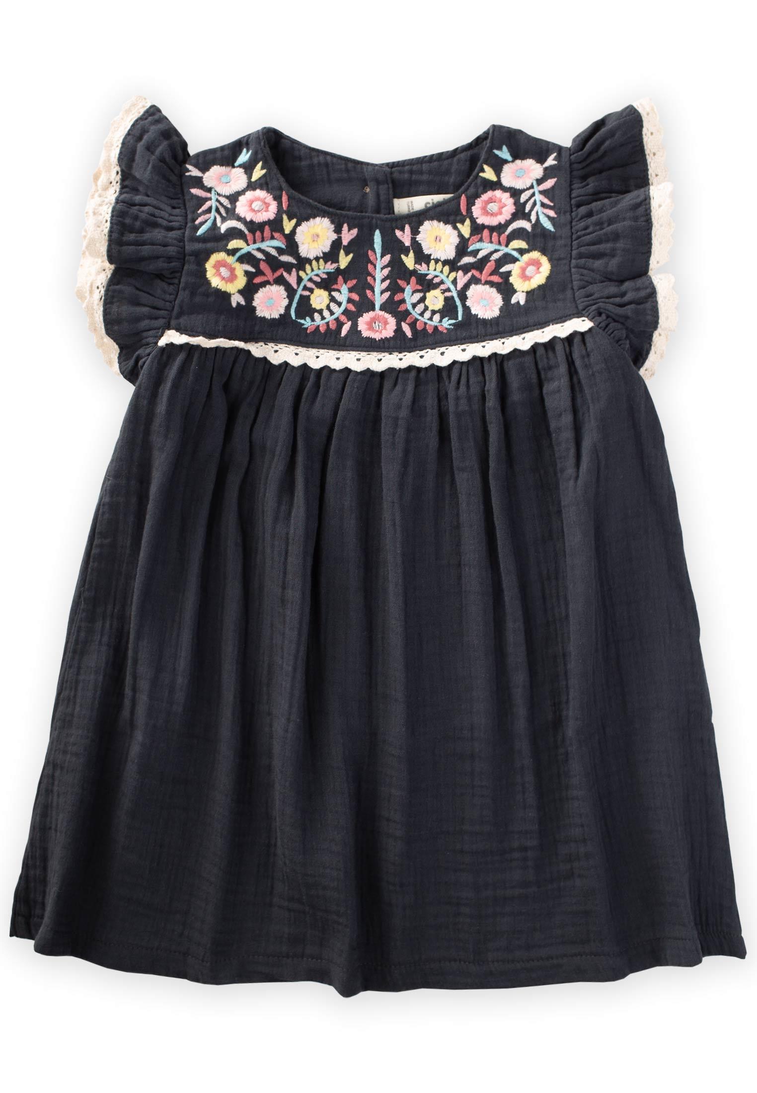 CigitÇiçek Nakışlı Dantelli Müslin Elbise 2-10 Yaş ANTRASİT