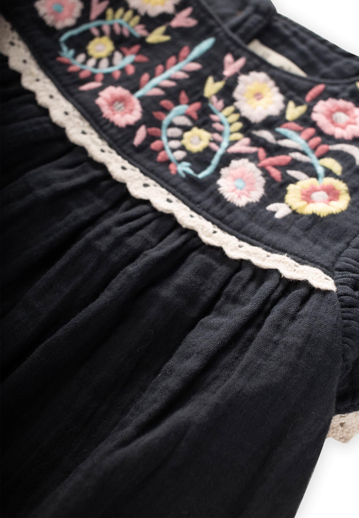 CigitÇiçek Nakışlı Dantelli Müslin Elbise 2-10 Yaş ANTRASİT