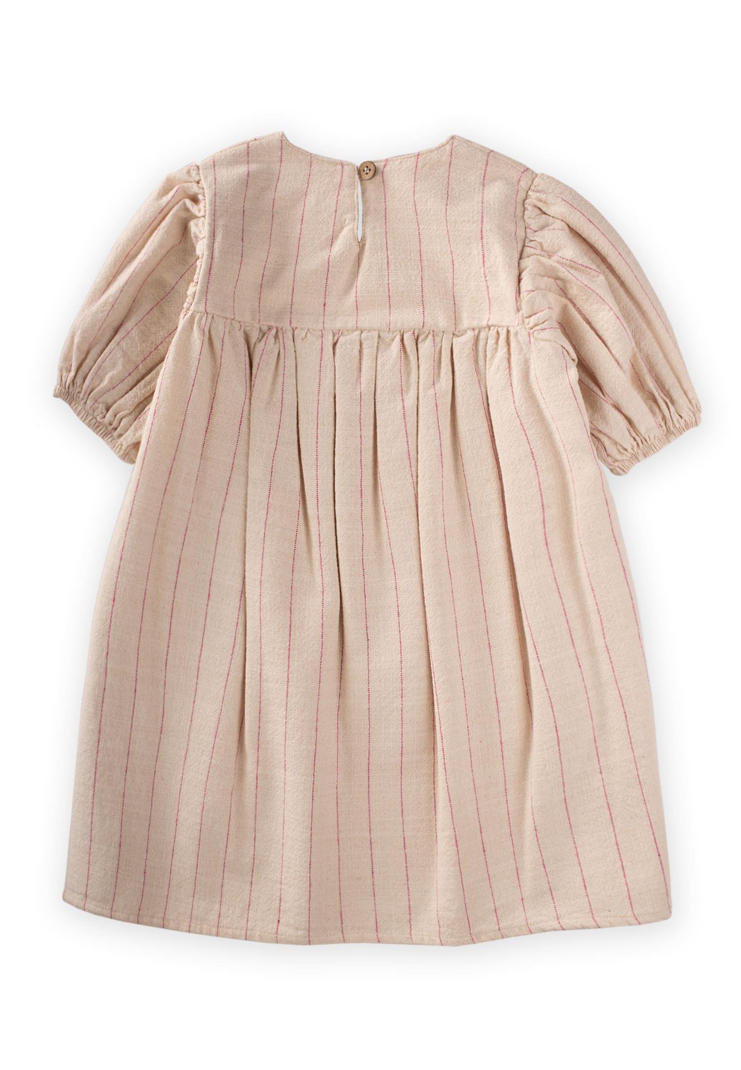 CigitPamuk Keten Balon Kol Elbise 2-9 Yaş FUŞYA ÇİZGİLİ