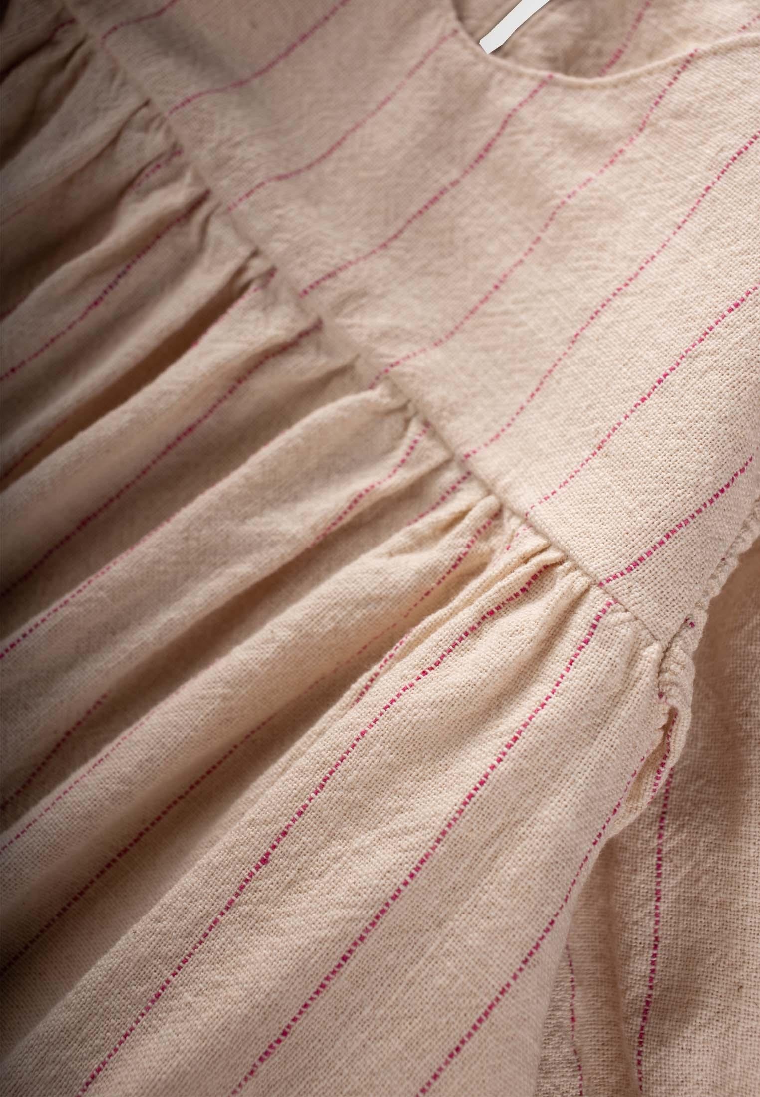 CigitPamuk Keten Balon Kol Elbise 2-9 Yaş FUŞYA ÇİZGİLİ