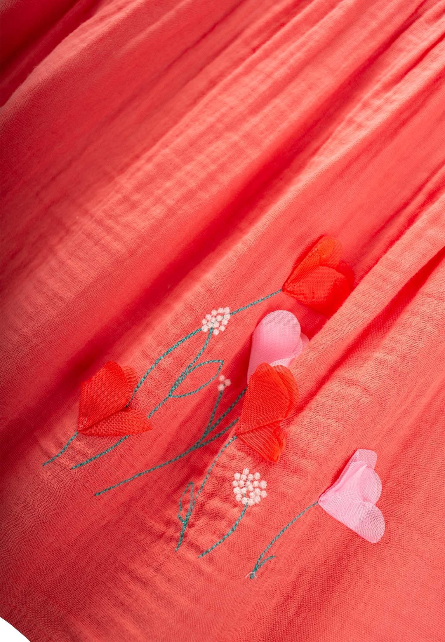 CigitOrganik Çiçek Nakışlı Elbise 1-6 Yaş MERCAN