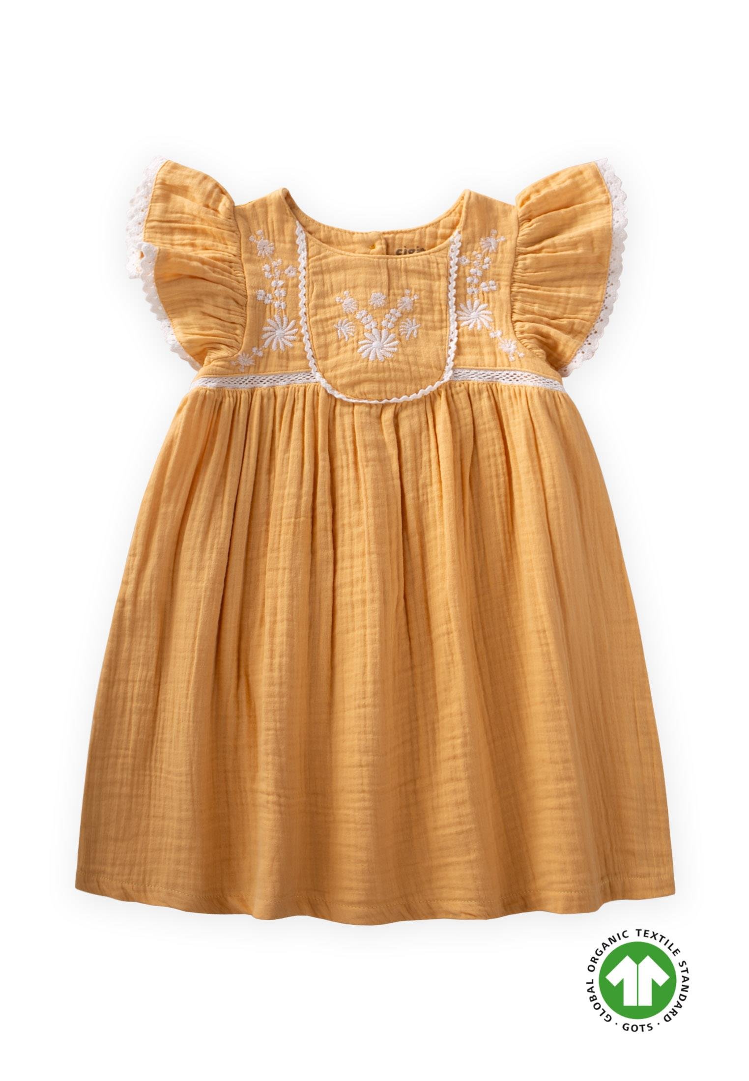 CigitOrganik Nakışlı Müslin Kız Elbise 2-10 Yaş PASTEL SARI