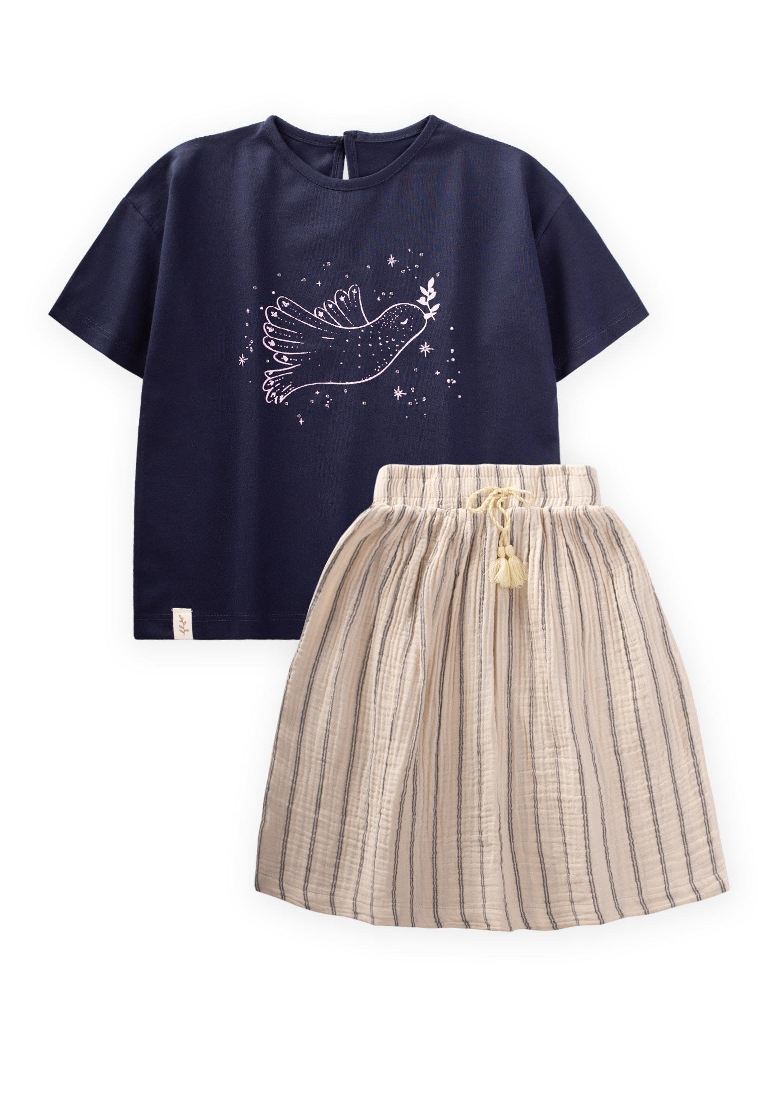 CigitKuş Baskılı Taş Detaylı Müslin Etekli Takım 2-8 Yaş LACİVERT