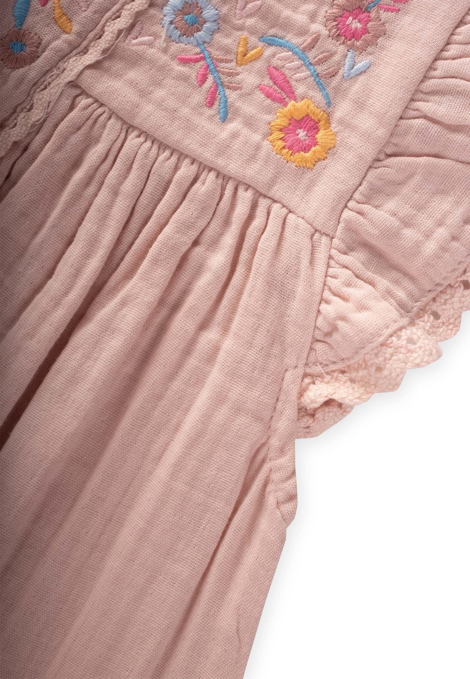 CigitNakışlı Organik Müslin Elbise 2-8 Yaş PUDRA PEMBE