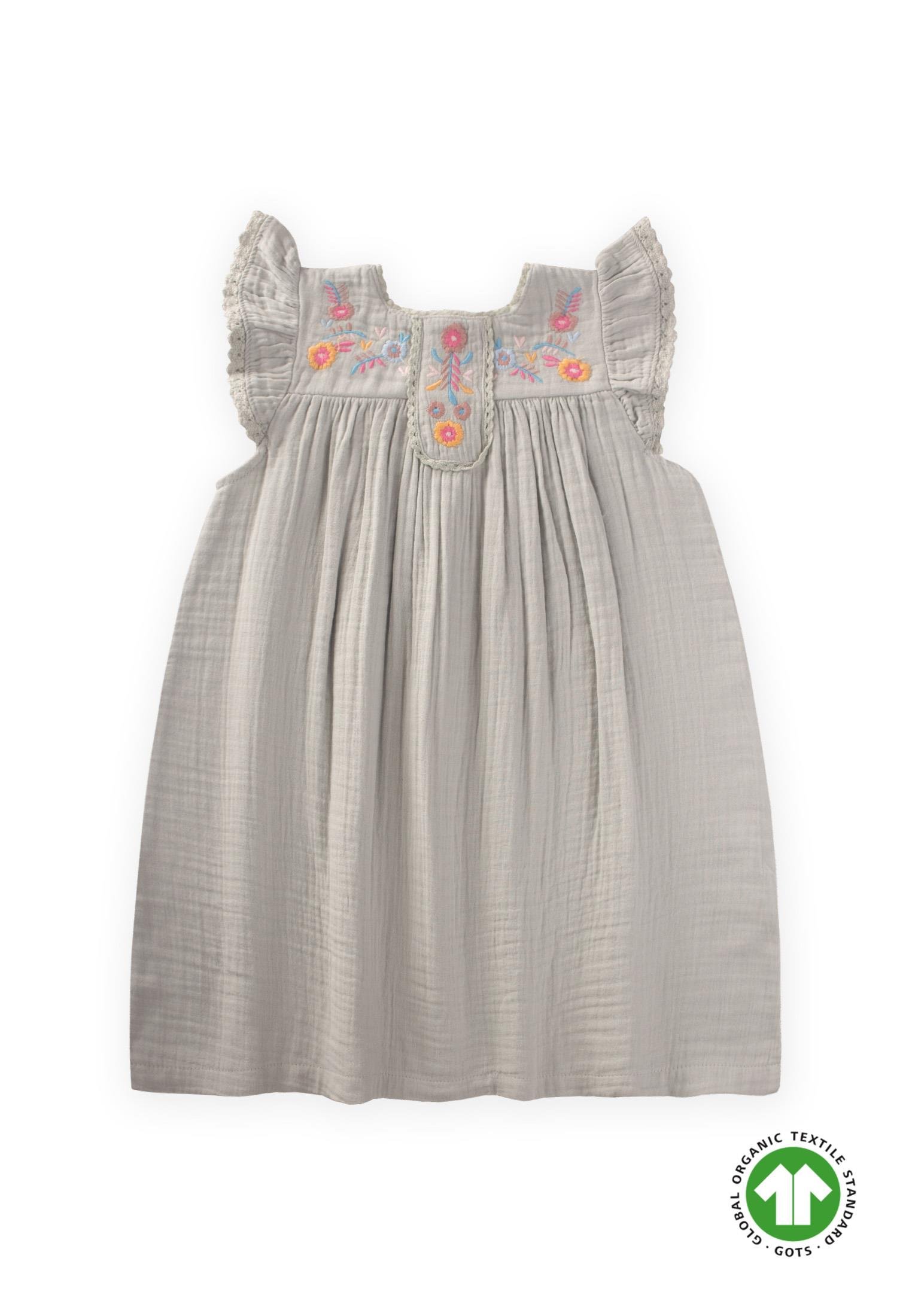 CigitNakışlı Organik Müslin Elbise 2-8 Yaş SU YEŞİLİ