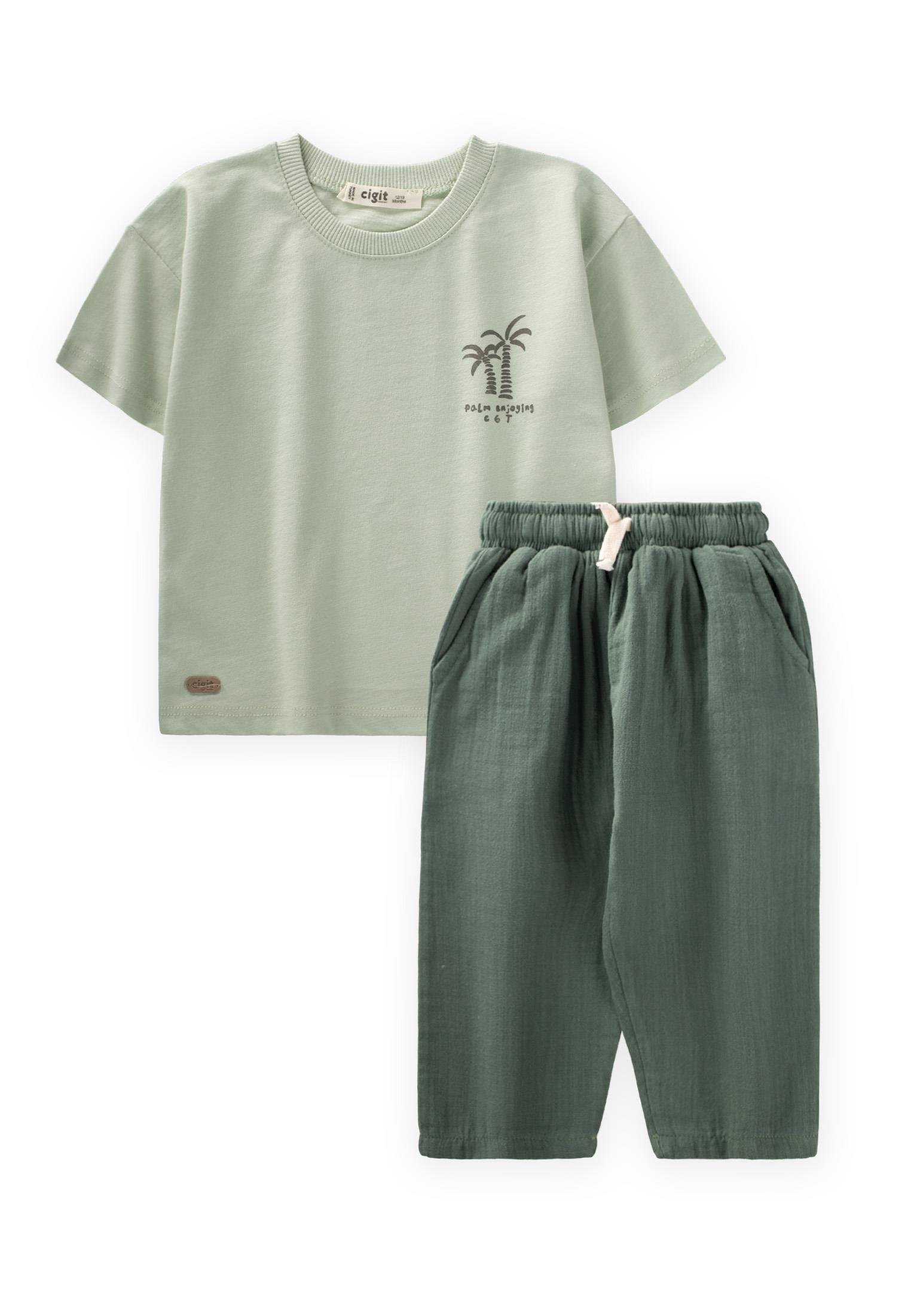 CigitOrganik Şalvarlı Palmiye Baskılı T-Shırt Takım 1-5 Yaş SU YEŞİLİ
