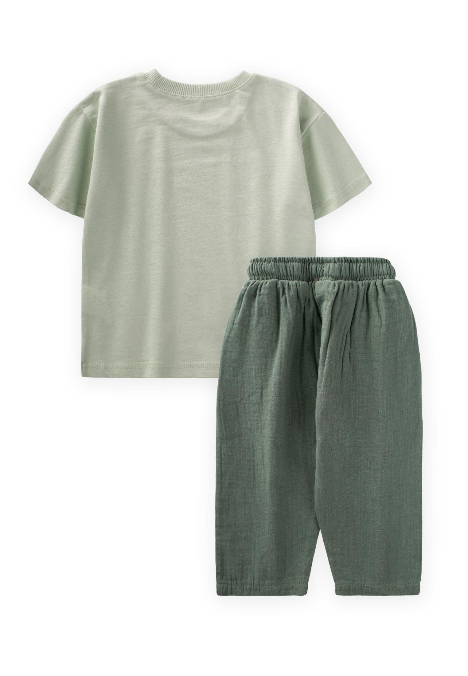 CigitOrganik Şalvarlı Palmiye Baskılı T-Shırt Takım 1-5 Yaş SU YEŞİLİ