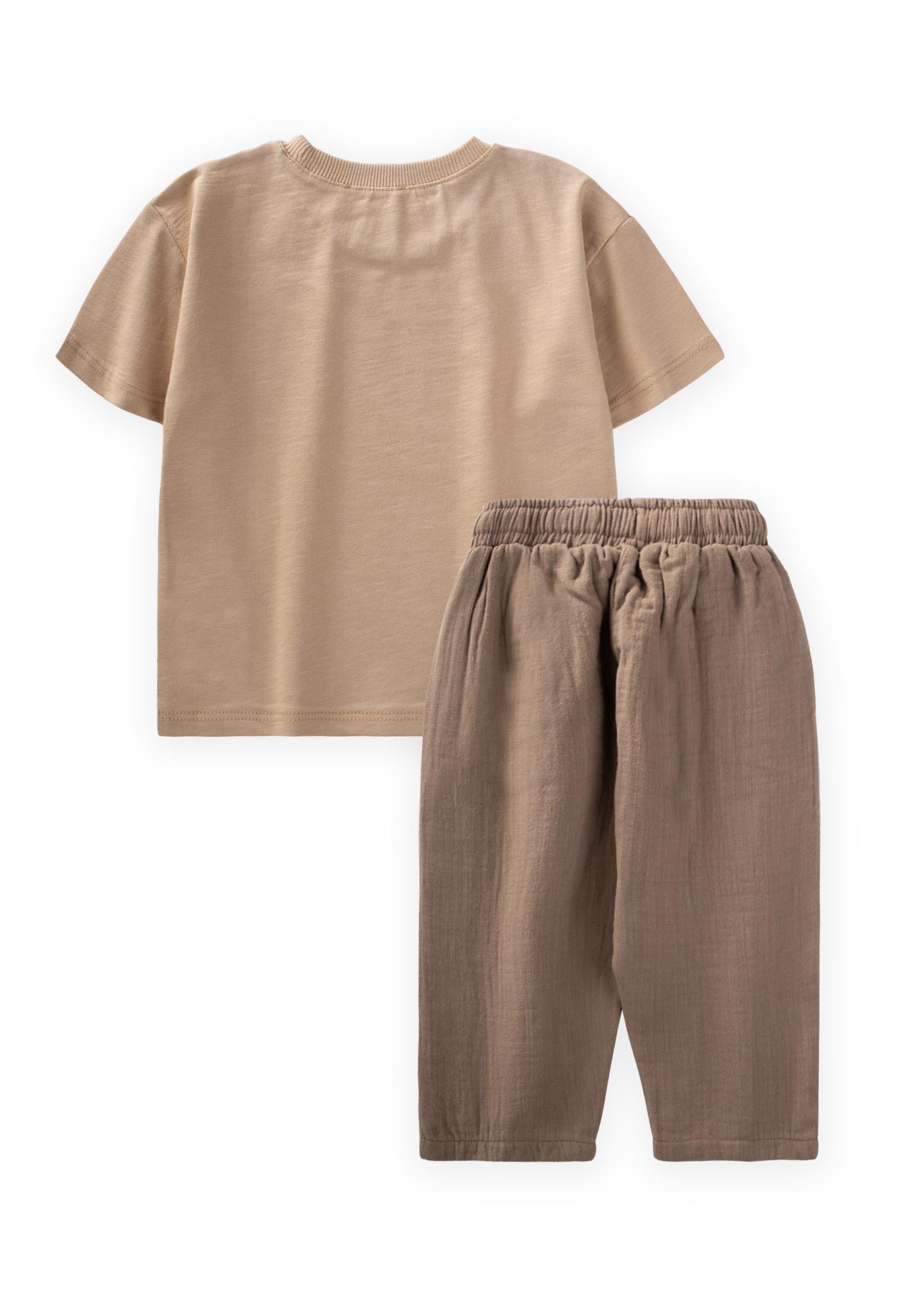 CigitOrganik Şalvarlı Palmiye Baskılı T-Shırt Takım 1-5 Yaş BEJ