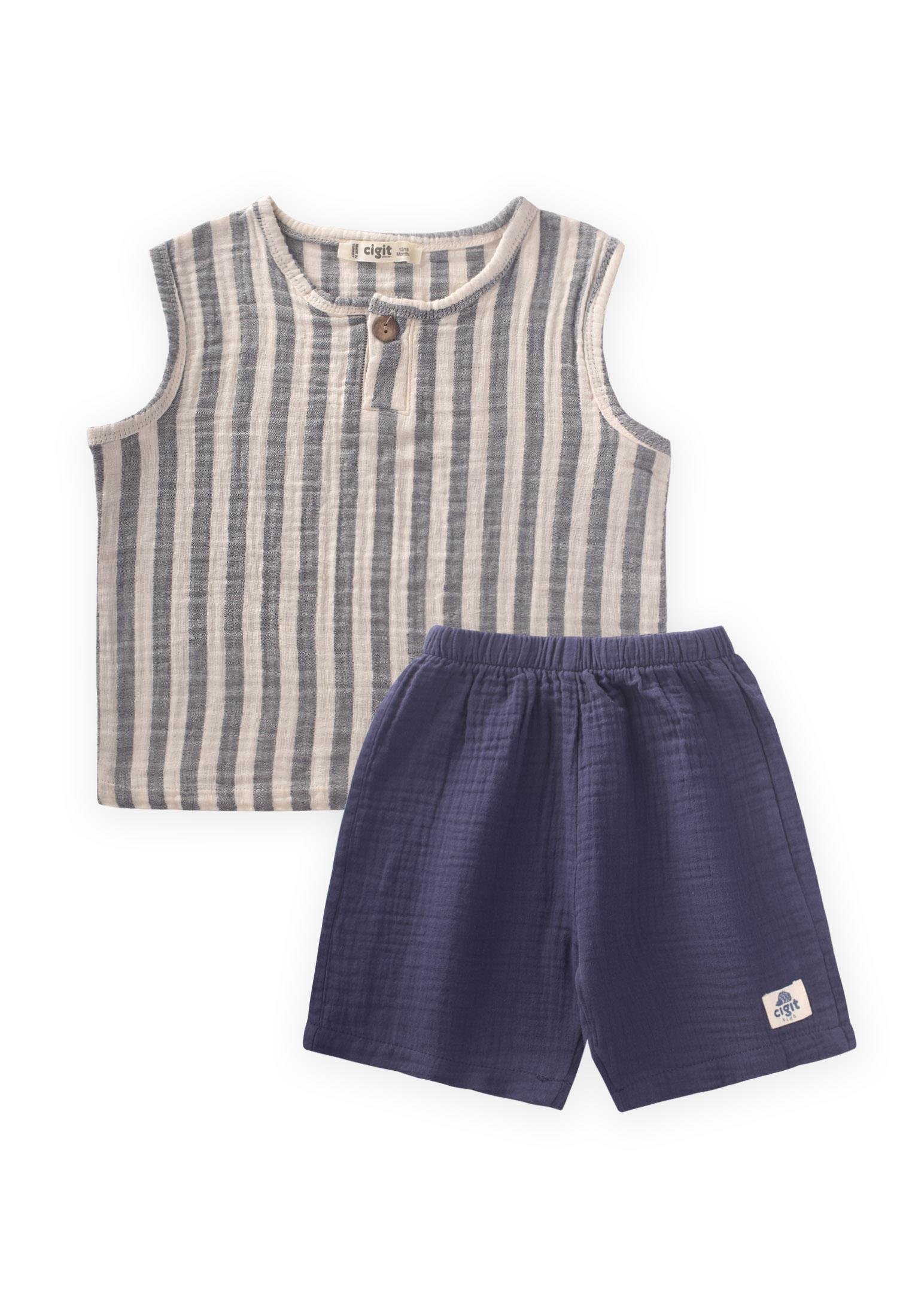 CigitMüslin Bebe Patlı Takım 0-5 Yaş LACİVERT ÇİZGİLİ