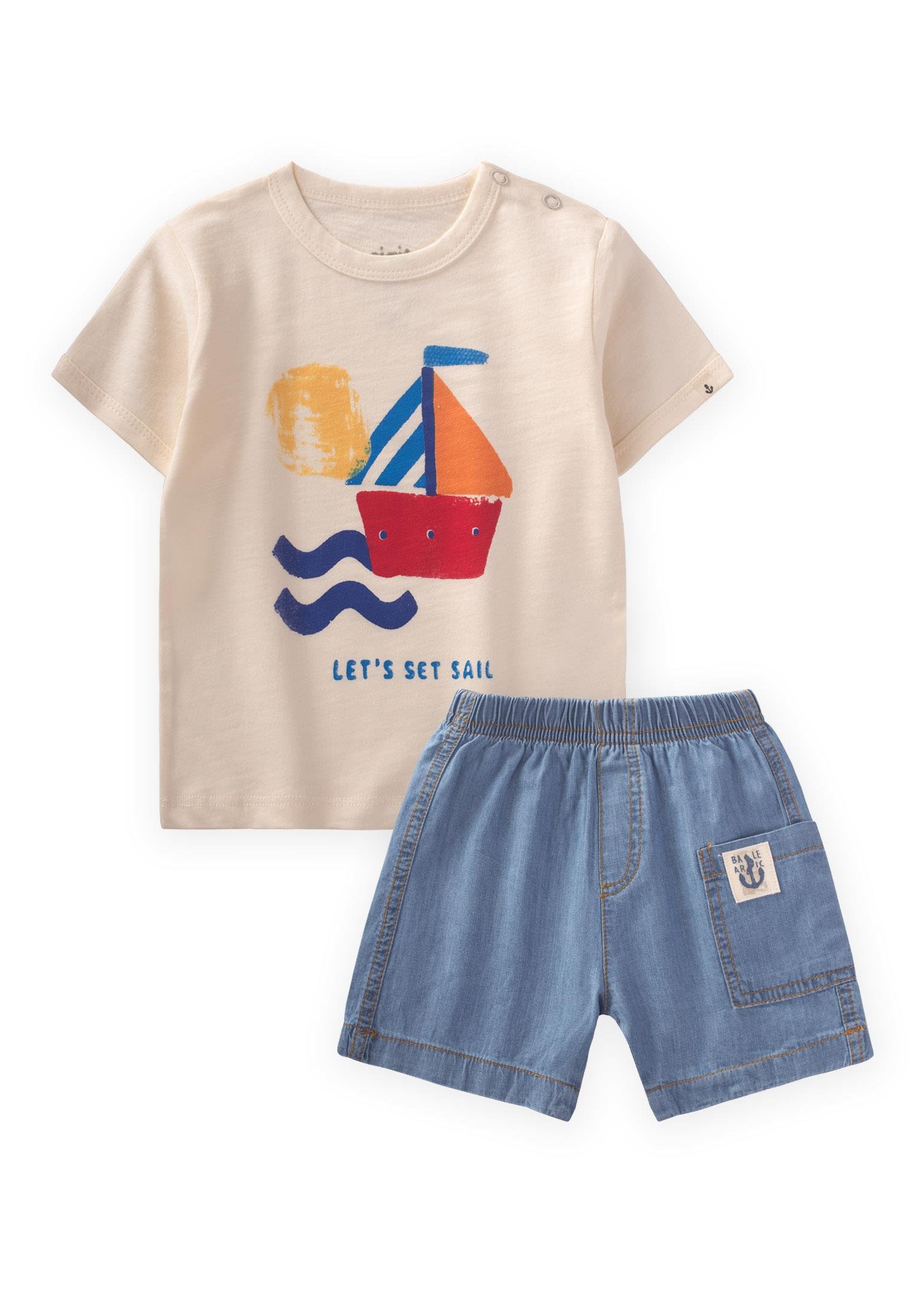 CigitBaskılı Kot Kaprili T-Shırt Takım 1-5 Yaş EKRU