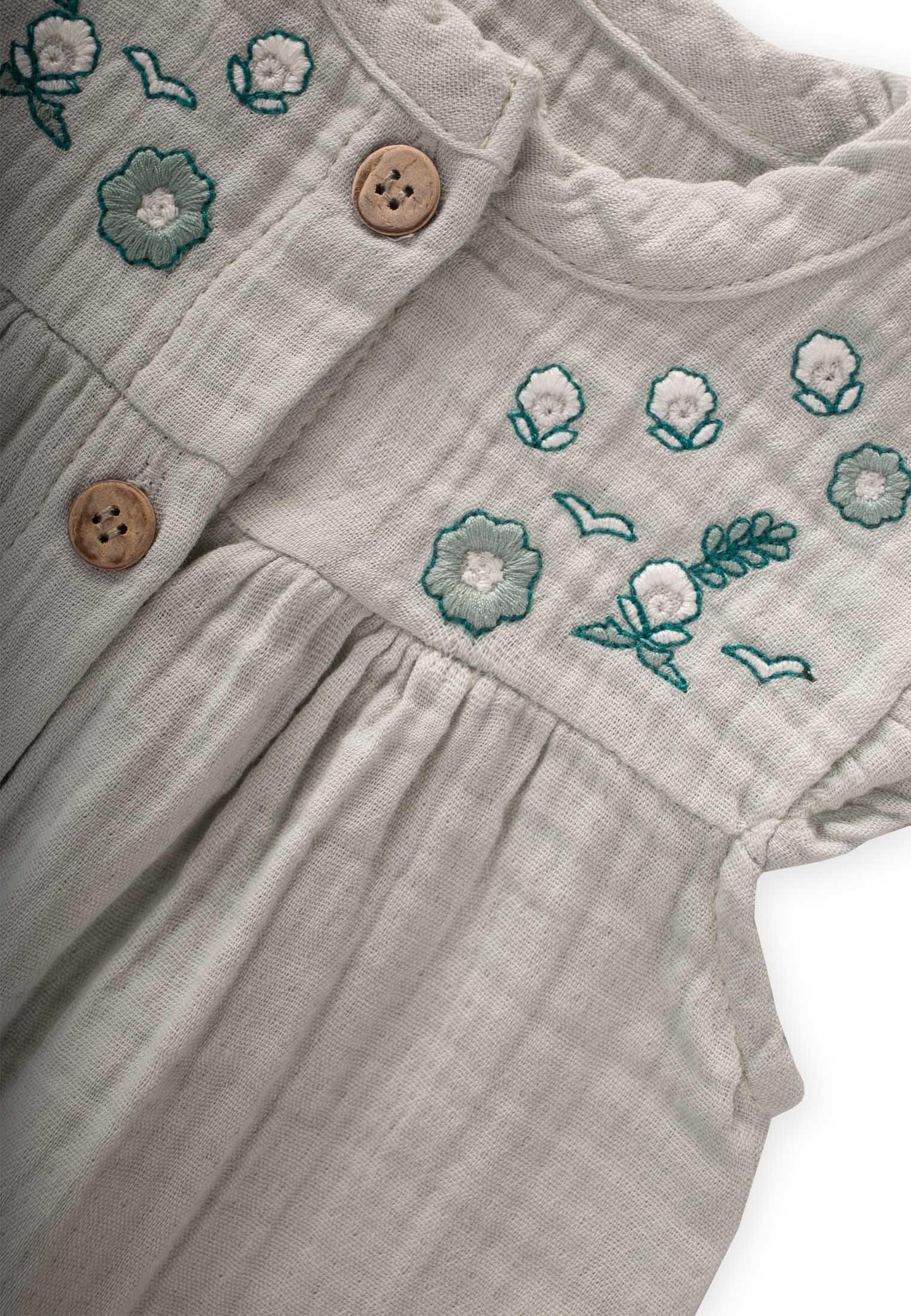 CigitOrganik Nakışlı Müslin Tulum 0-3 Yaş SU YEŞİLİ