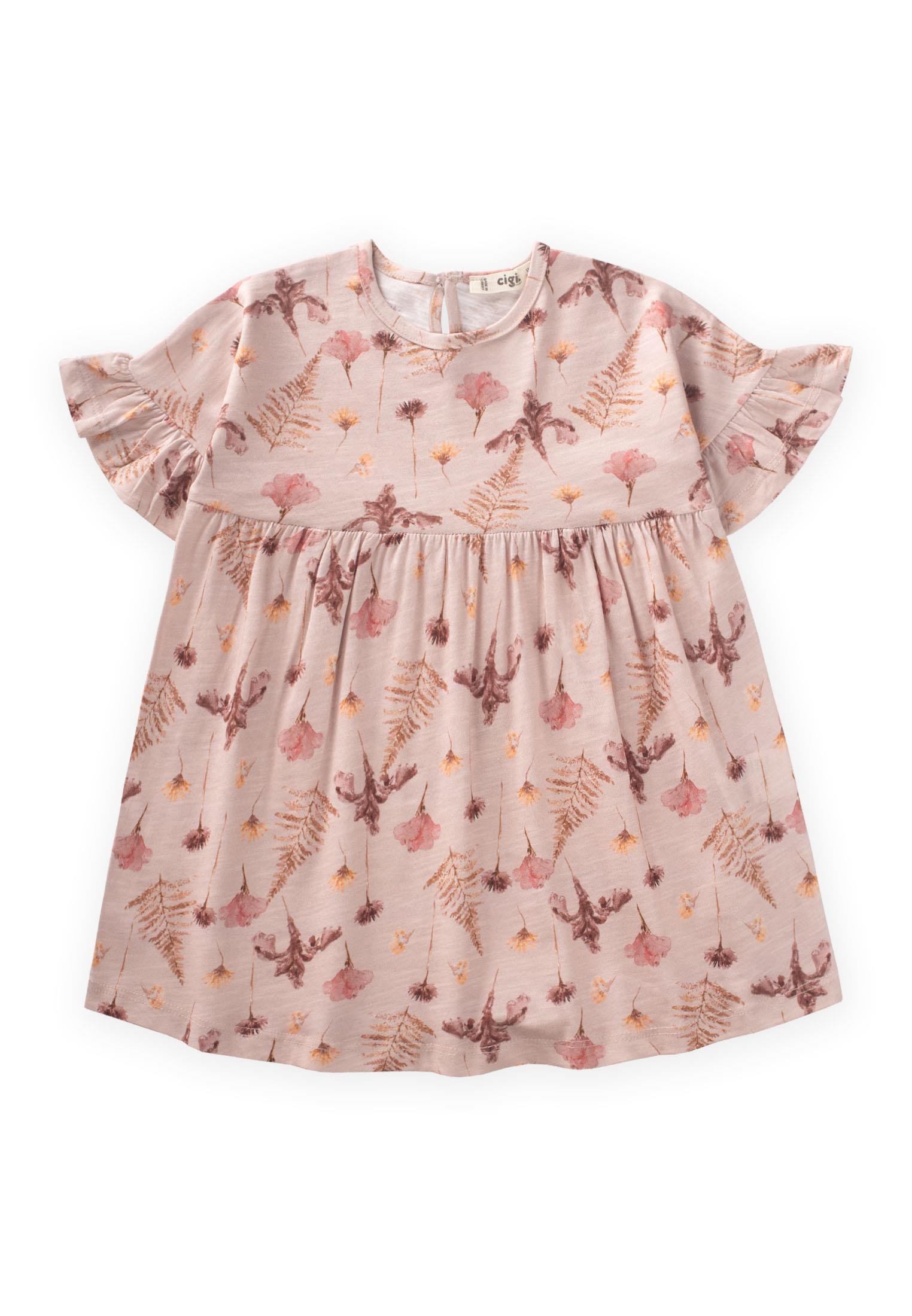 CigitDesenli Kolu Fırfırlı Elbise 1-7 Yaş PUDRA PEMBE