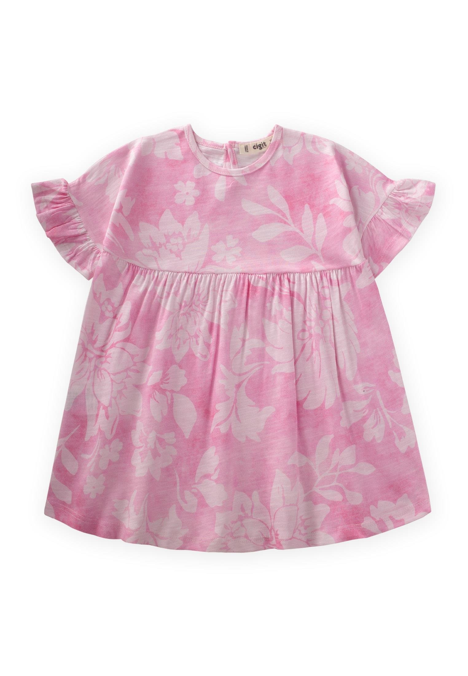 CigitDesenli Kolu Fırfırlı Elbise 1-7 Yaş PEMBE