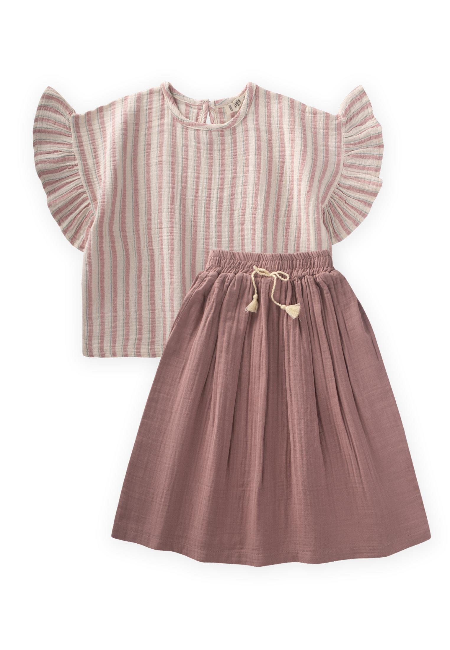 CigitMüslin Etekli Bluz Takım 2-8 Yaş GÜKURUSU ÇİZGİLİ