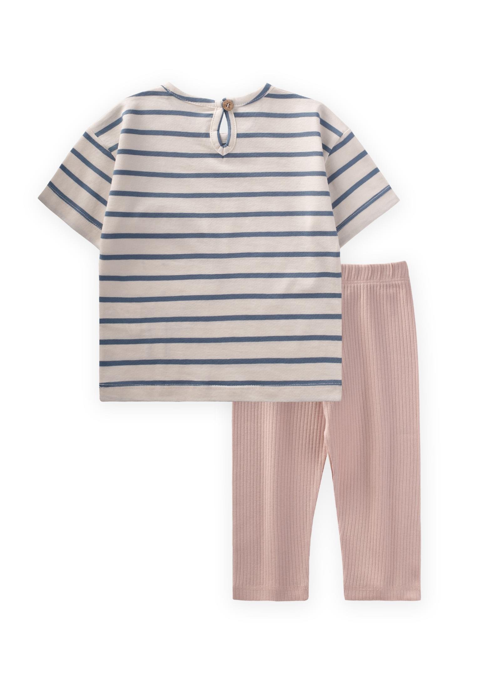 CigitAy Çiçeği Aplikeli T-Shırt Takım 1-7 Yaş İNDİGO ÇİZGİLİ