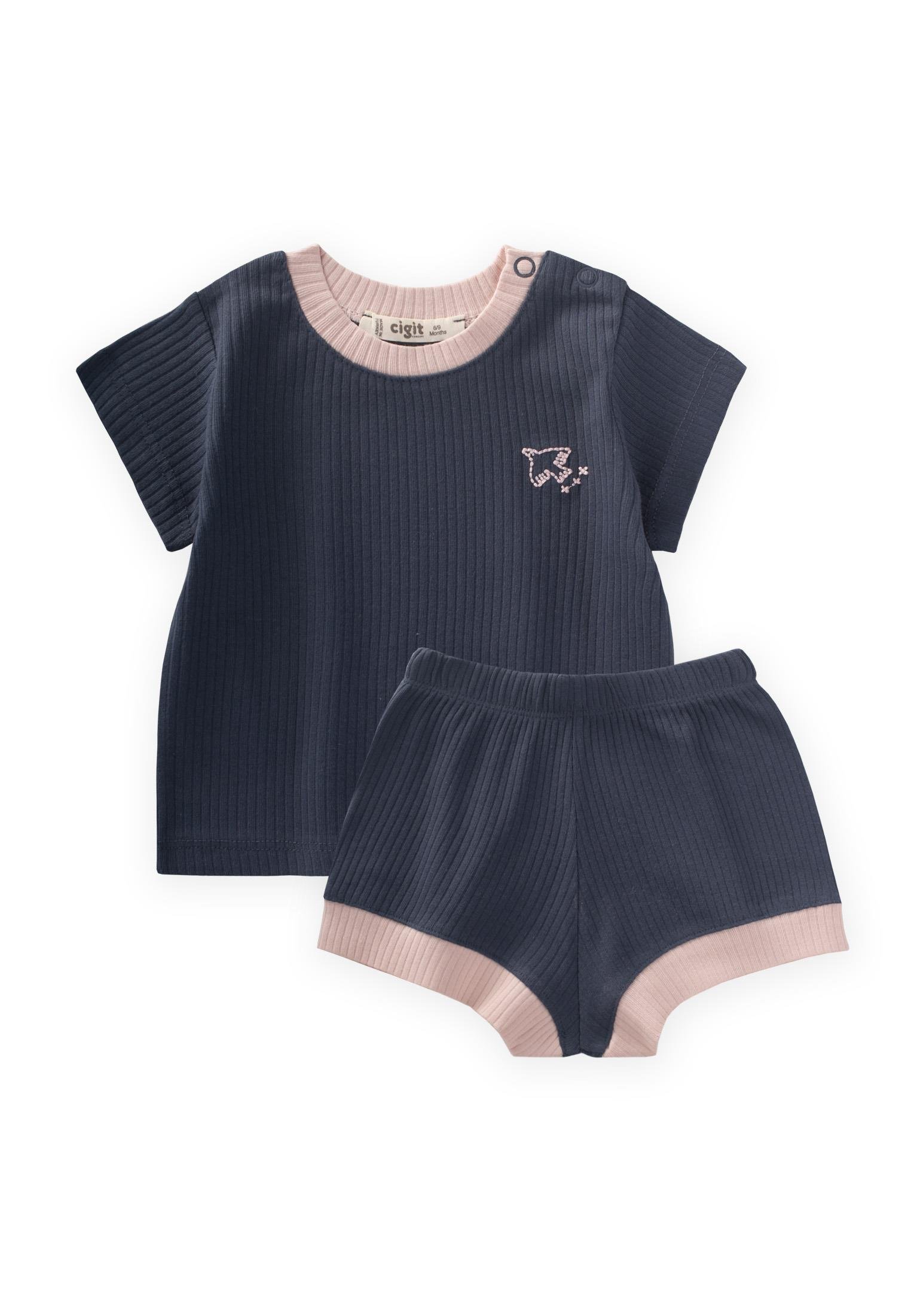 CigitKuş Nakışlı Garnili Fitilli Takım 0-5 Yaş LACİVERT