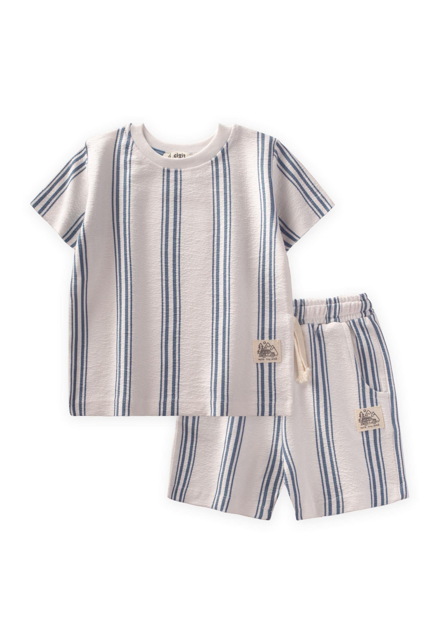 CigitEtiket Detaylı Çizgili Şortlu Takım 2-7 Yaş MAVİ ÇİZGİLİ