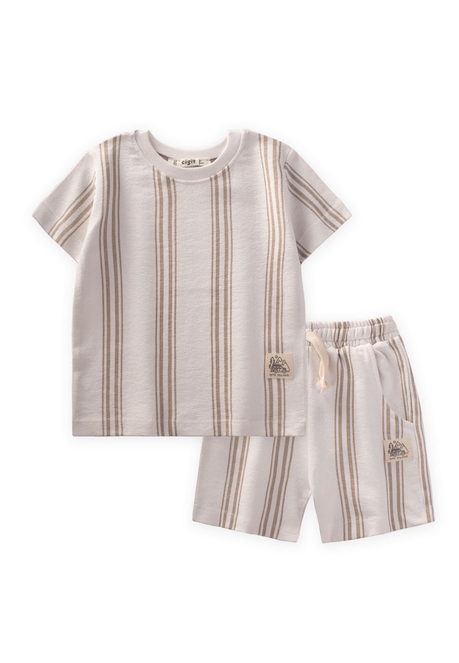 CigitEtiket Detaylı Çizgili Şortlu Takım 2-7 Yaş KAHVE ÇİZGİLİ