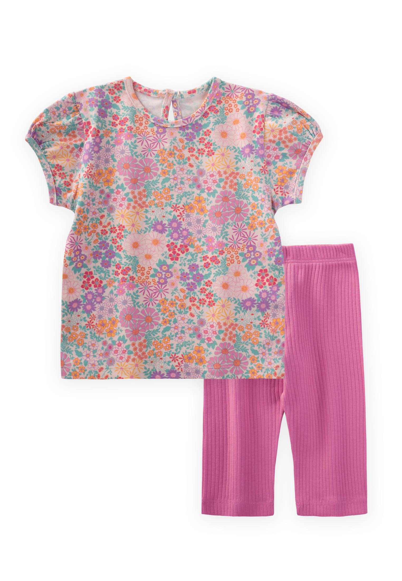 CigitÇiçek Desenli Kız T-Shırt Takım 1-7 Yaş PUDRA PEMBE