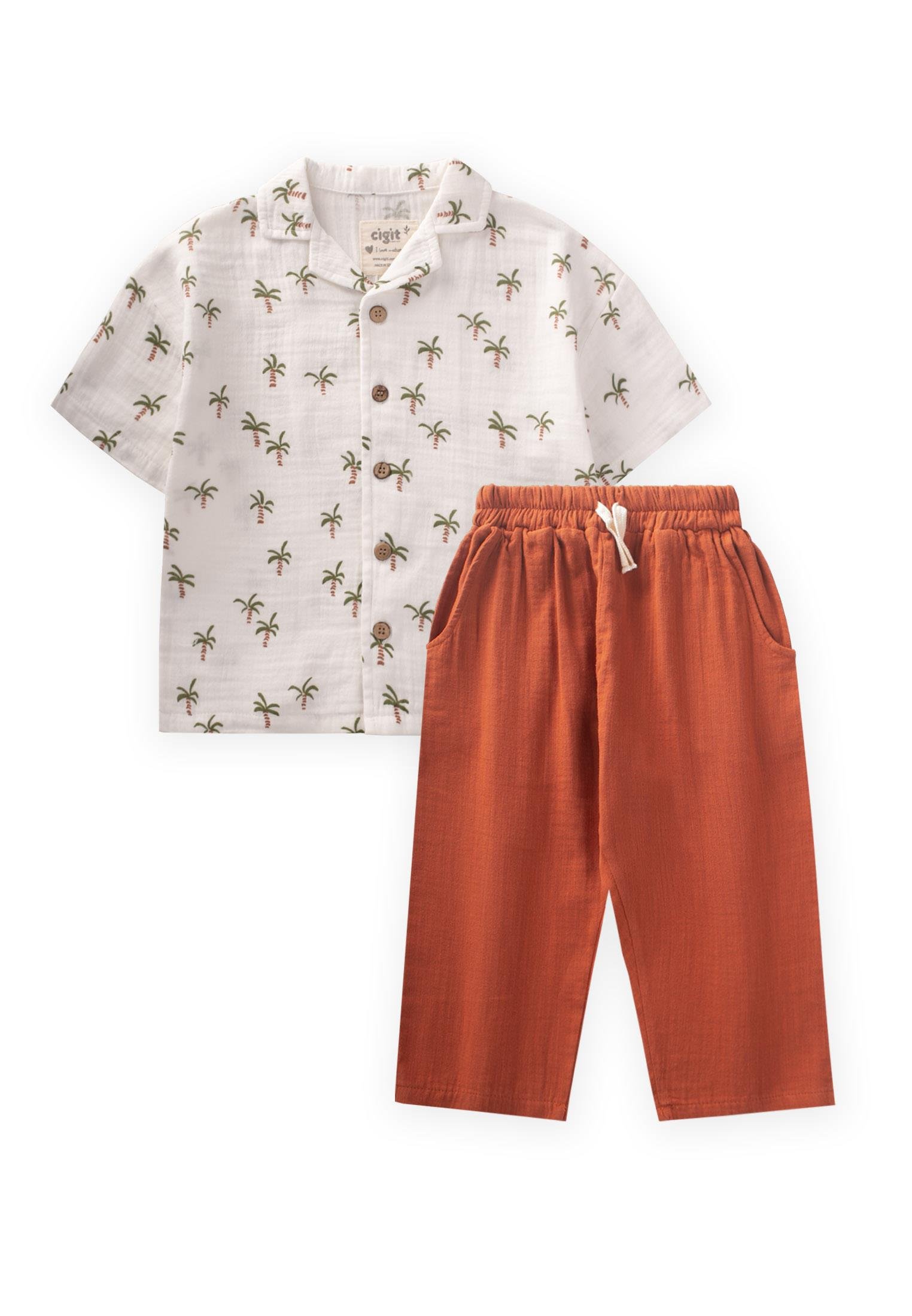 CigitPalmiye Desenli Gömlek Takım 2-10 Yaş EKRU