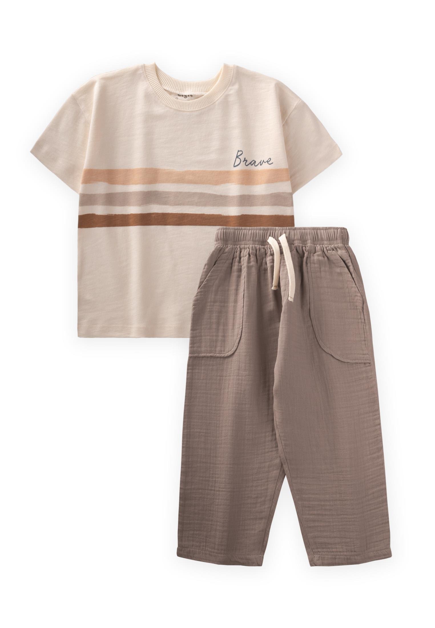 CigitBrave Çizgili T-Shırt Takım 2-10 Yaş EKRU VİZON
