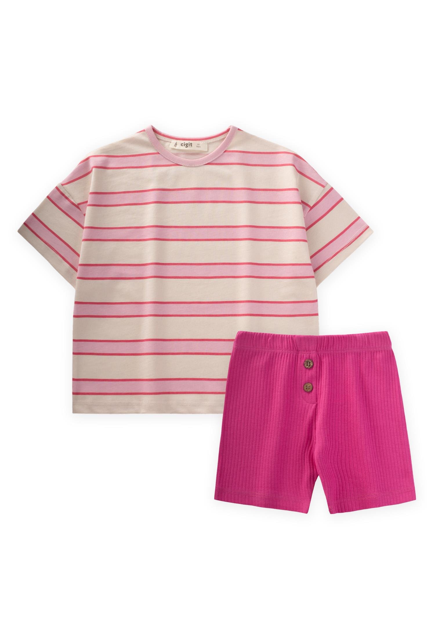 CigitKısa Taytlı Desenli T-Shırt Takım 2-8 Yaş EKRU