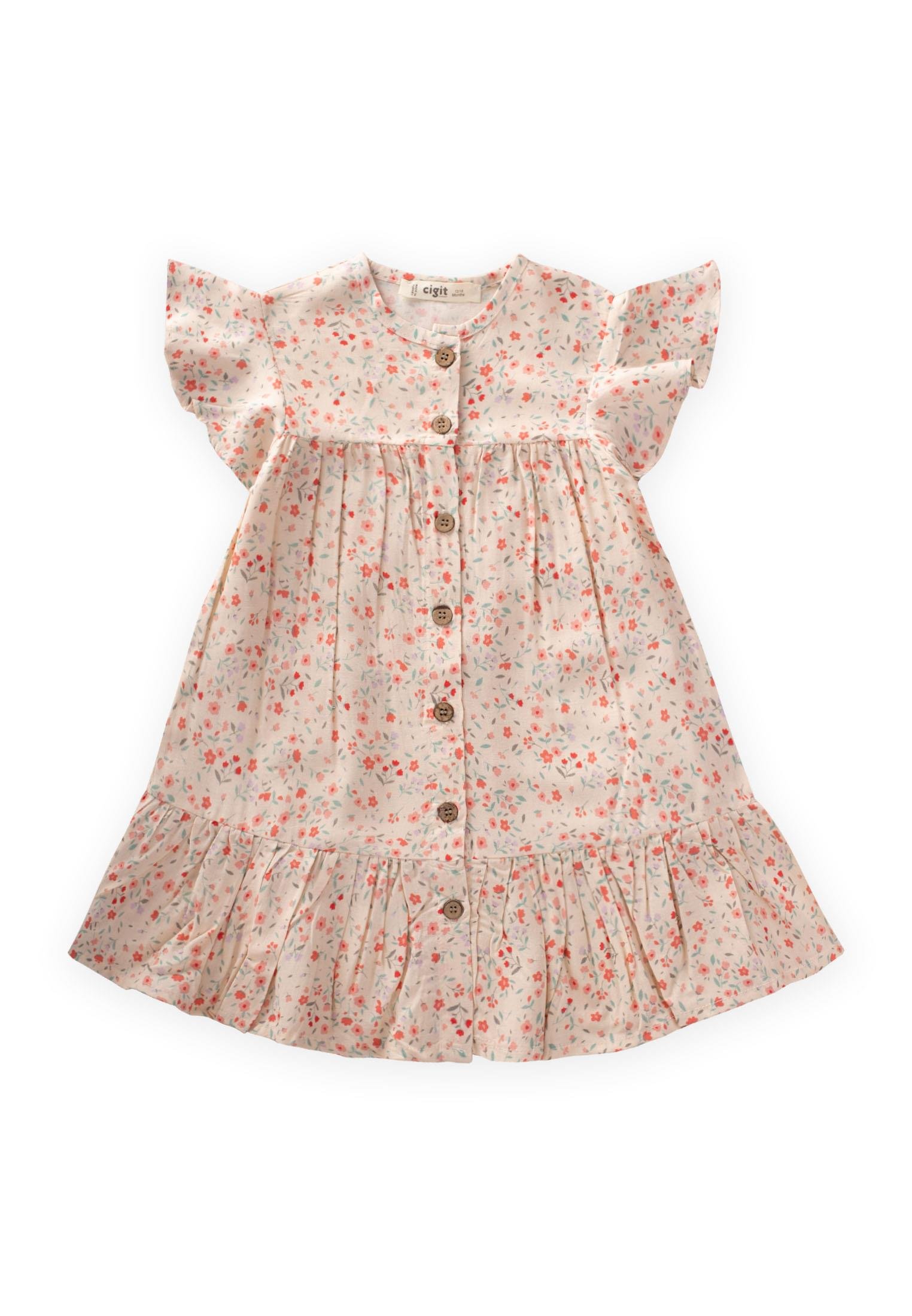 CigitÇiçek Desenli Viskon Elbise 1-10 Yaş PUDRA PEMBE